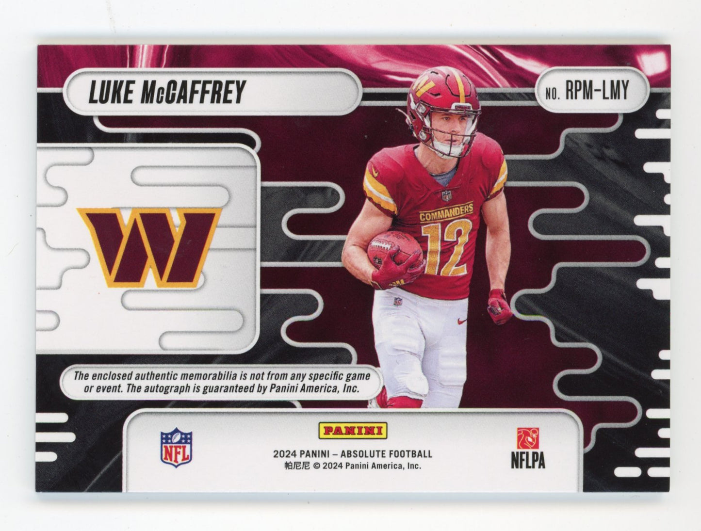 2024 Panini Absolute Luke McCaffrey RC #RPM-LMY - Relic Autograph #/399 Commanders
