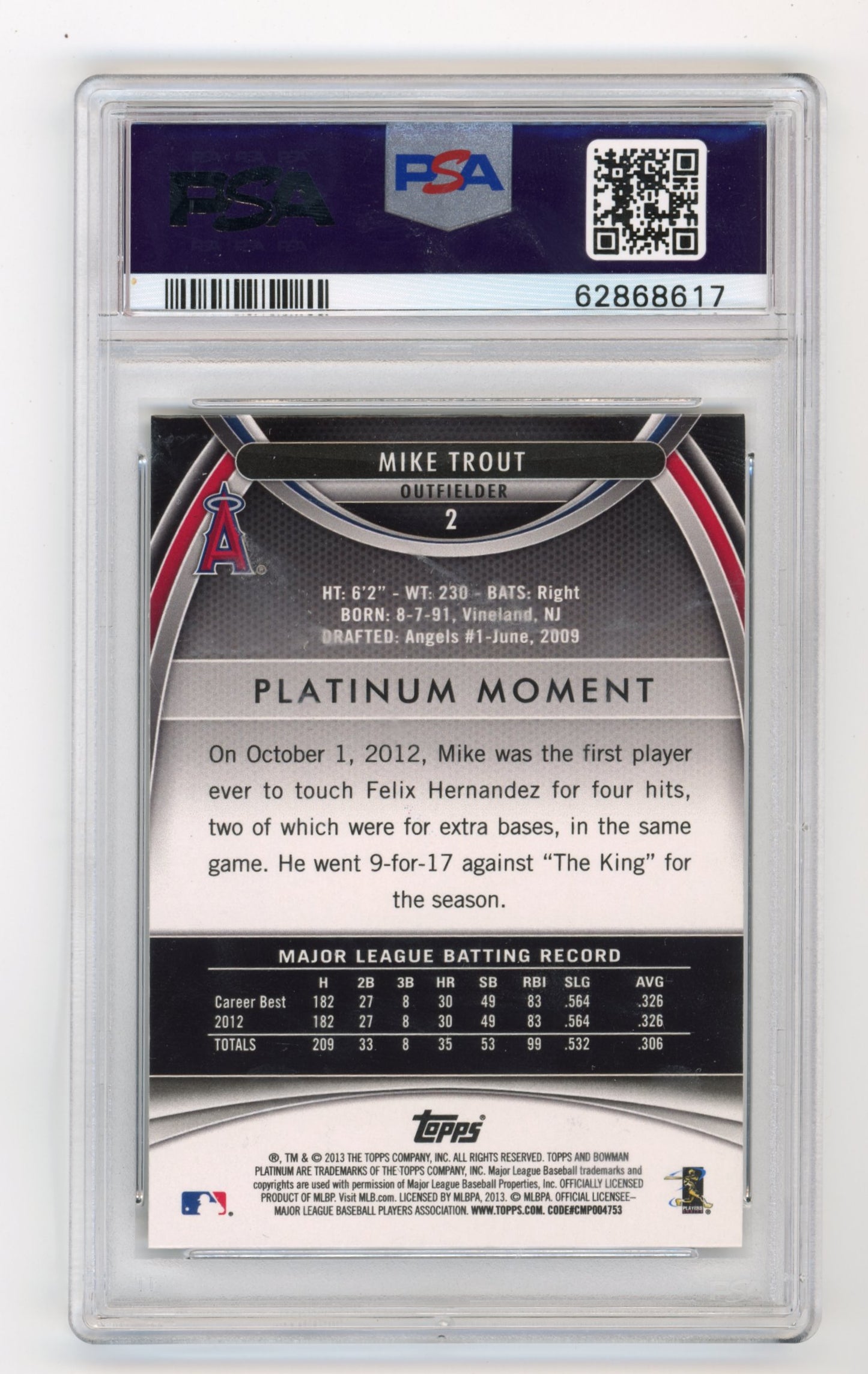 2013 Topps Bowman Platinum Mike Trout #2 - PSA 9 Gold Angels