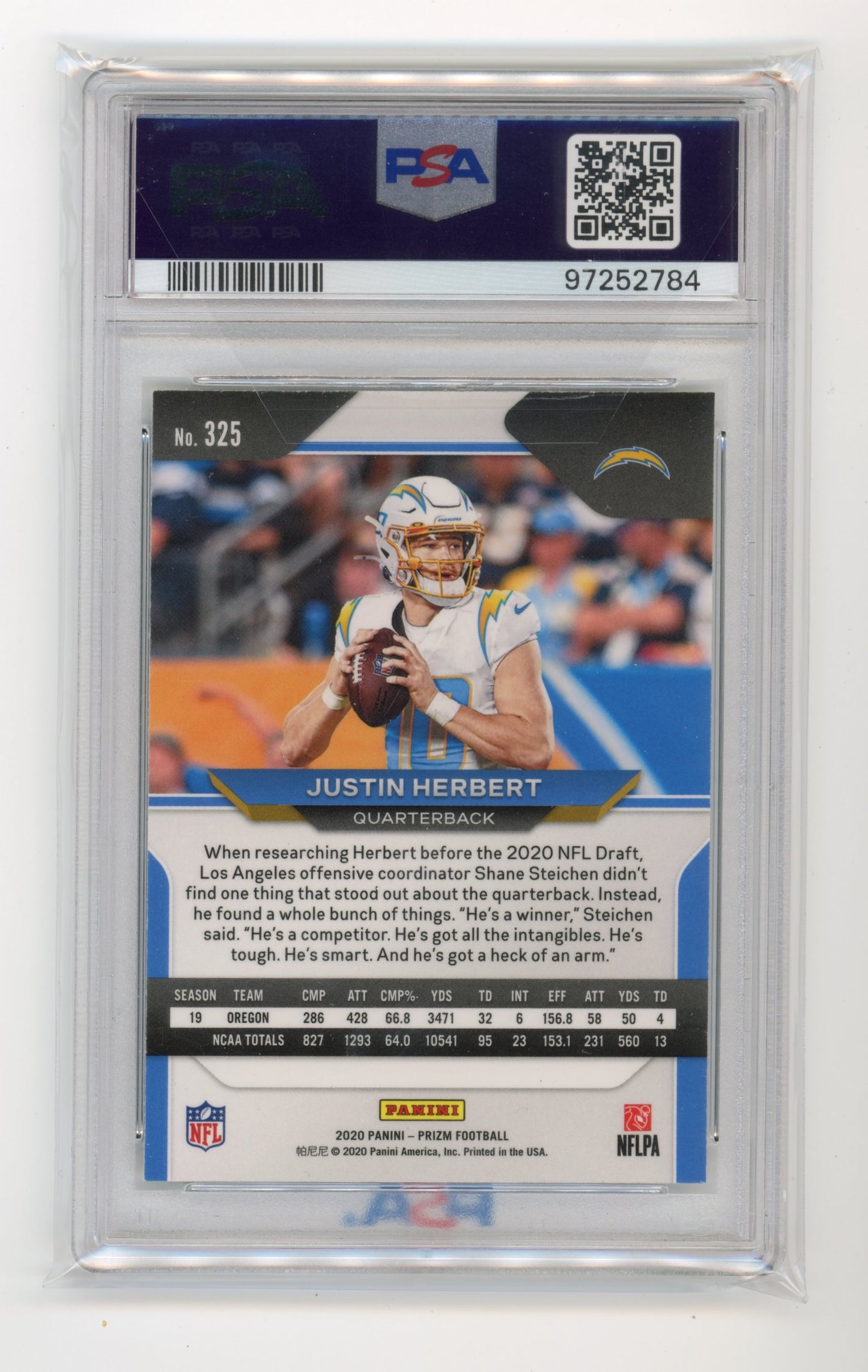 2020 Panini Prizm Justin Herbert Rookie RC #325 - PSA 10 Negative Chargers