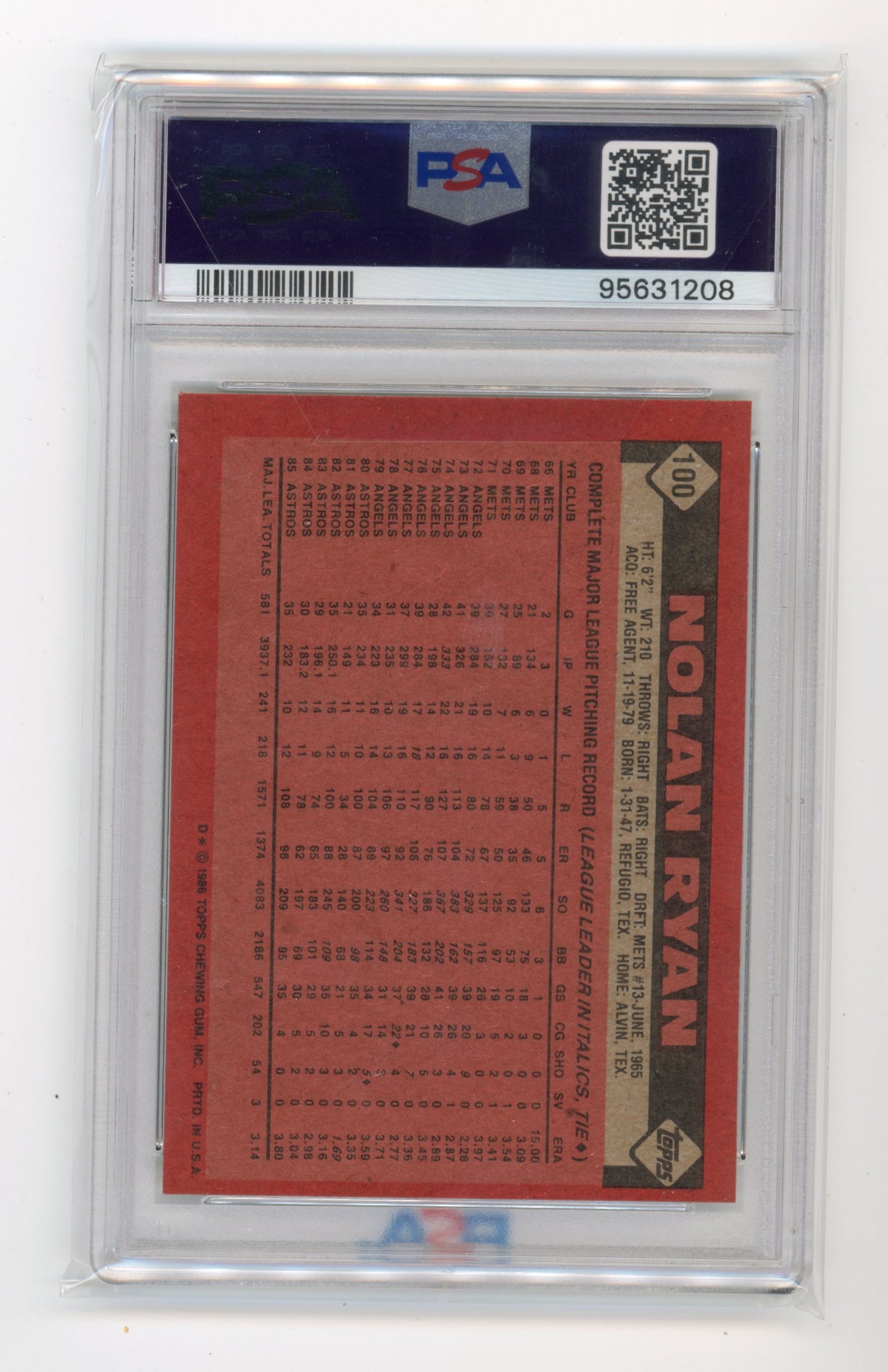 1986 Topps Nolan Ryan #100 - PSA 7 Astros