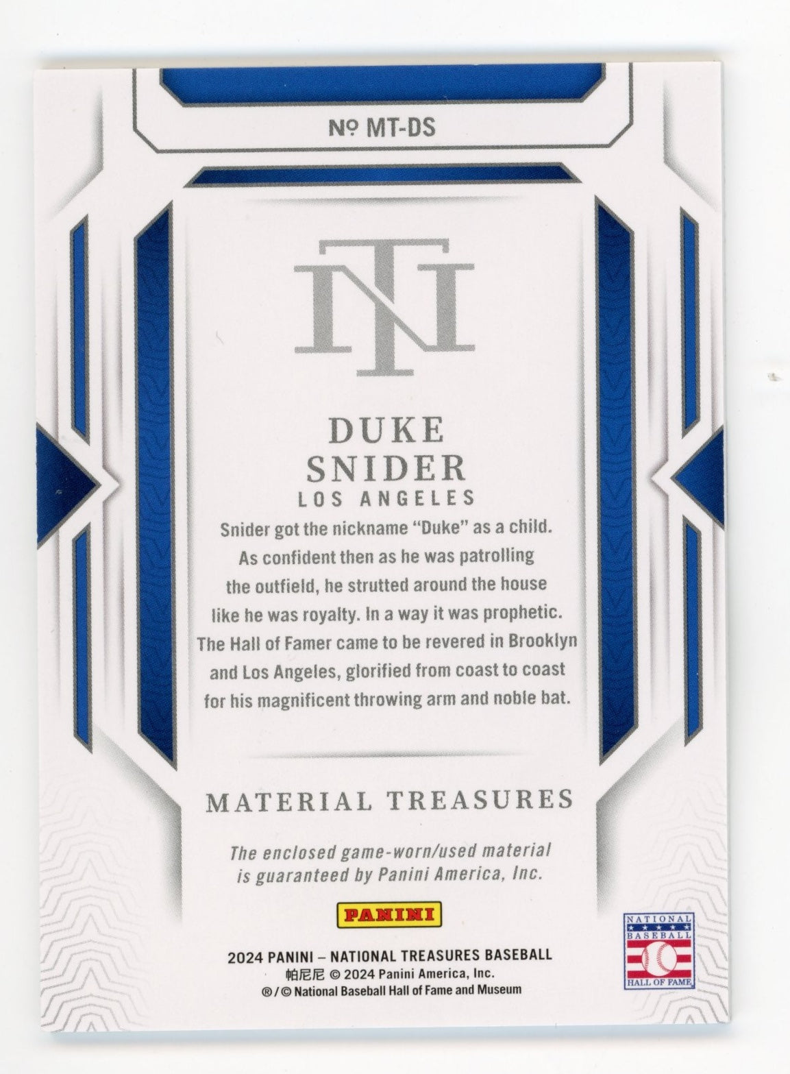 2024 Panini National Treasures Duke Snider #MT-DS - #/25 Patch Dodgers