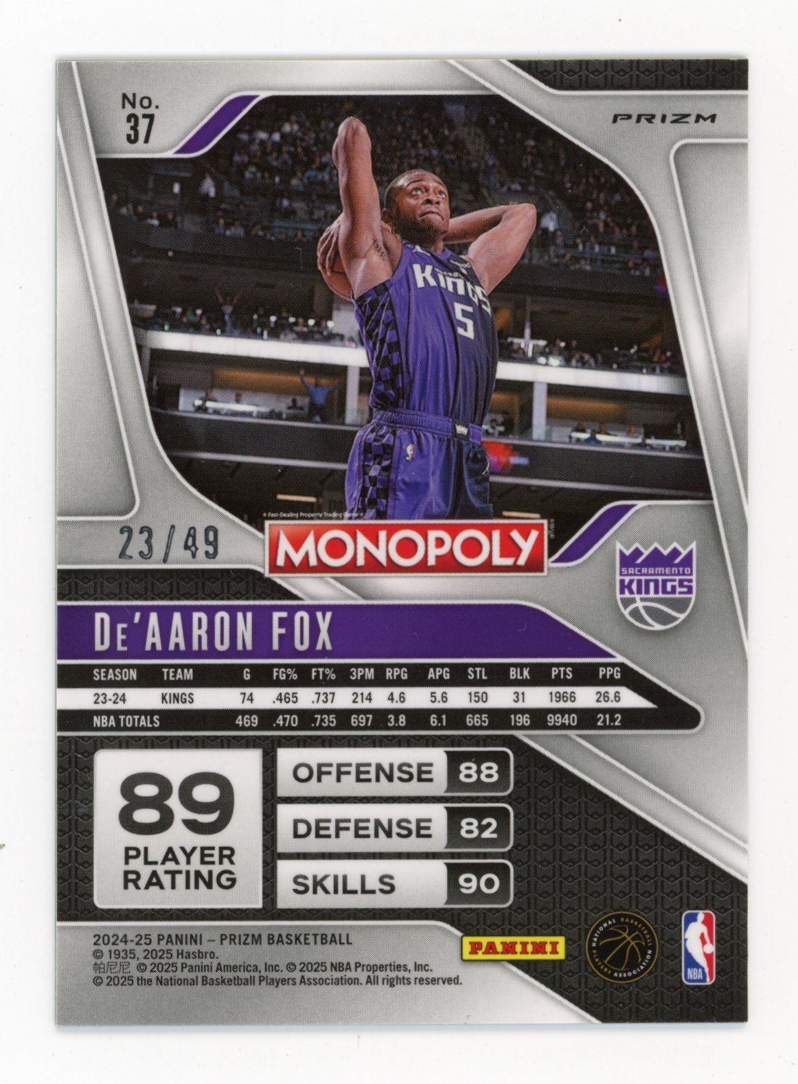 2024-25 Panini Prizm De'Aaron Fox #37 - #/49 Gold Kings