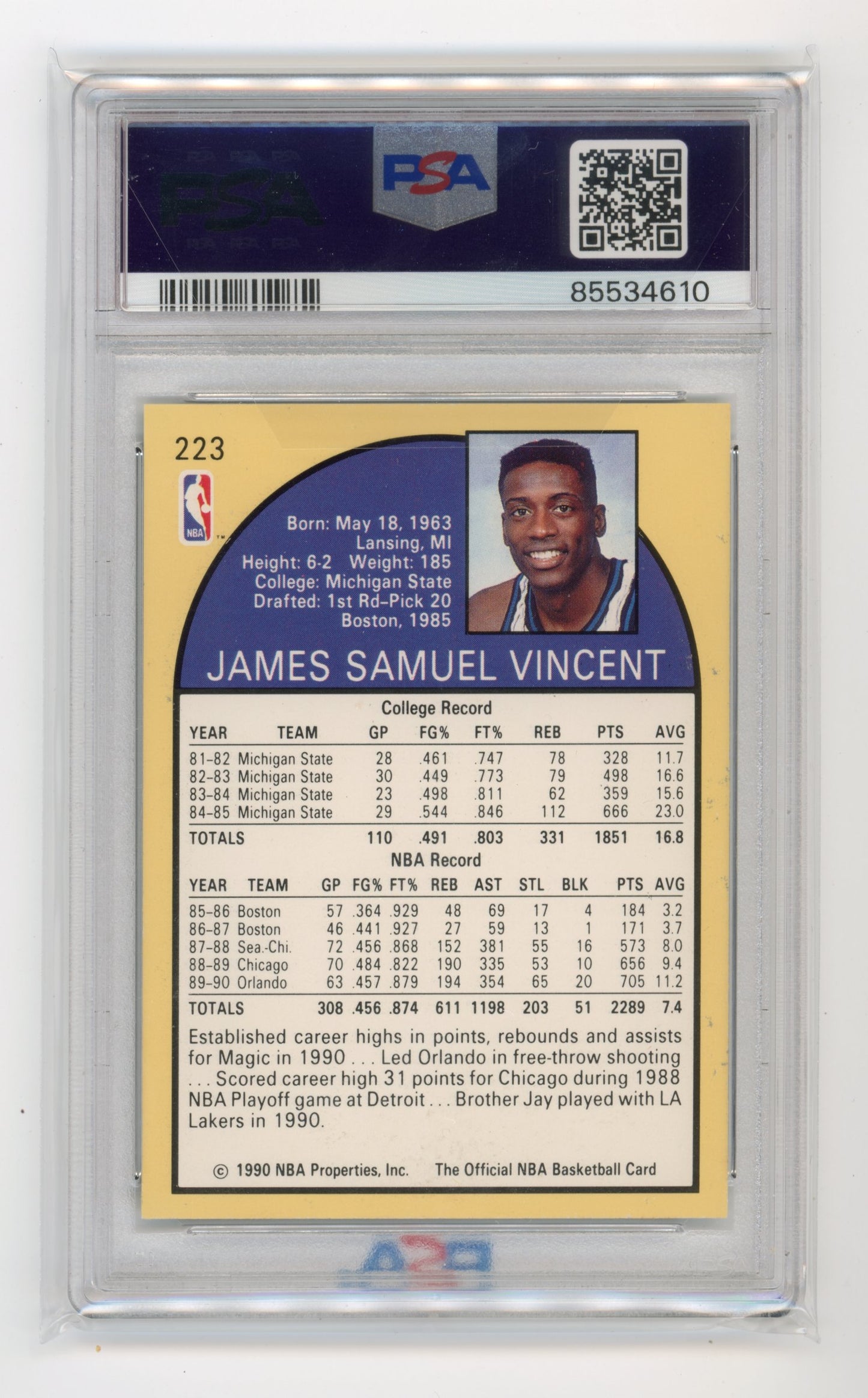 1990 NBA Hoops Sam Vincent #223 - PSA 8 Magic