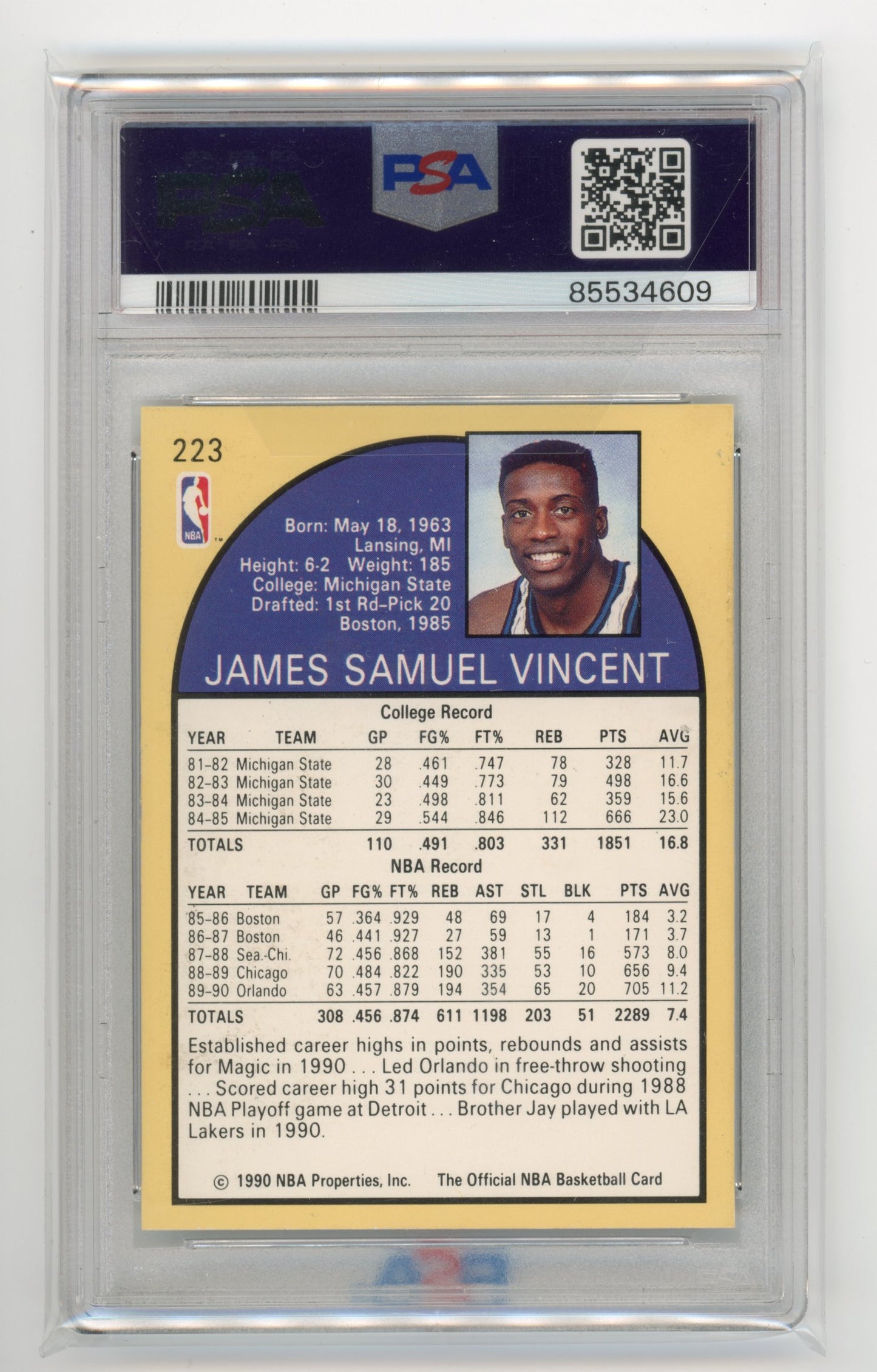 1990 NBA Hoops Sam Vincent #223 - PSA 6 Magic