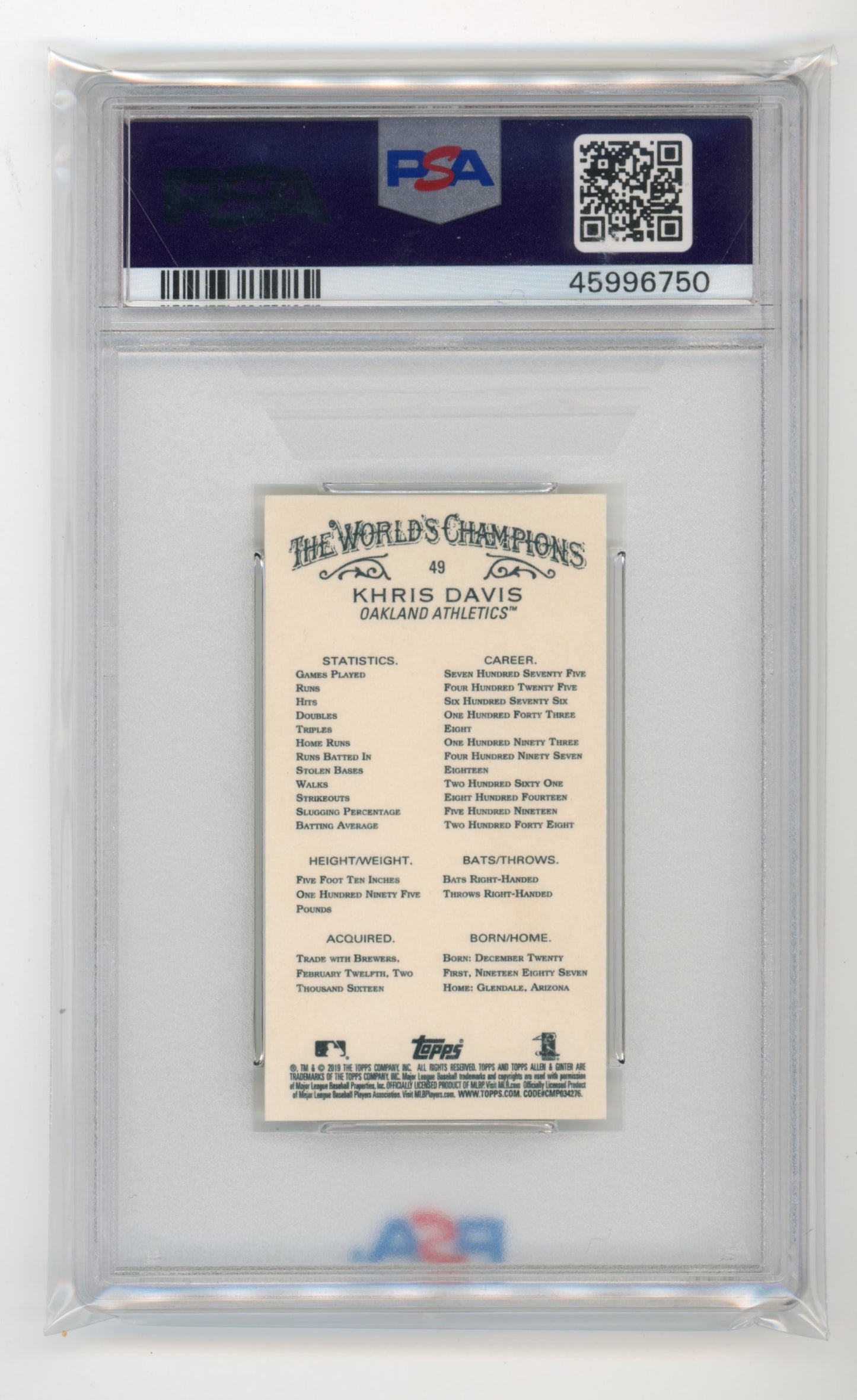 2019 Topps Allen & Ginter Khris Davis Mini #49 - PSA 10 Athletics