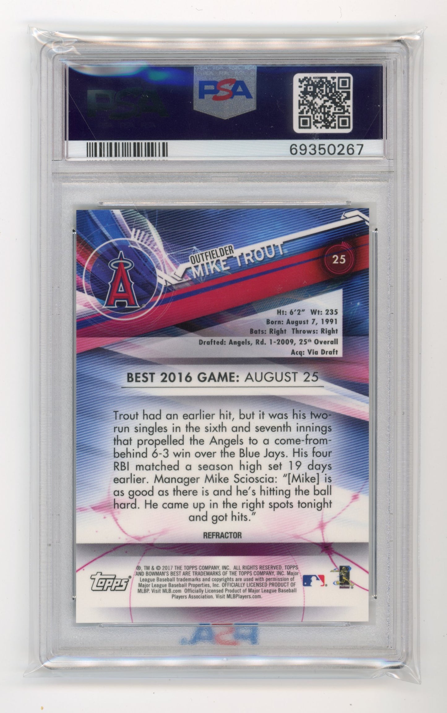 2017 Panini Bowman's Best Mike Trout Atomic Refractor #25 - PSA 10 Angels