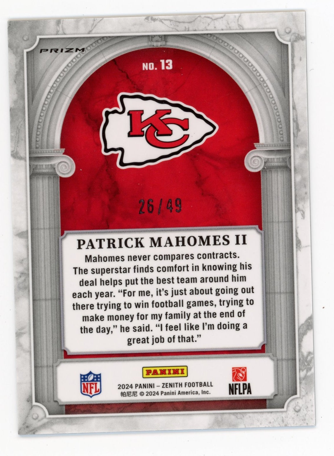 2024 Panini Zenith Patrick Mahomes II #13 - #/49 Marquee Chiefs