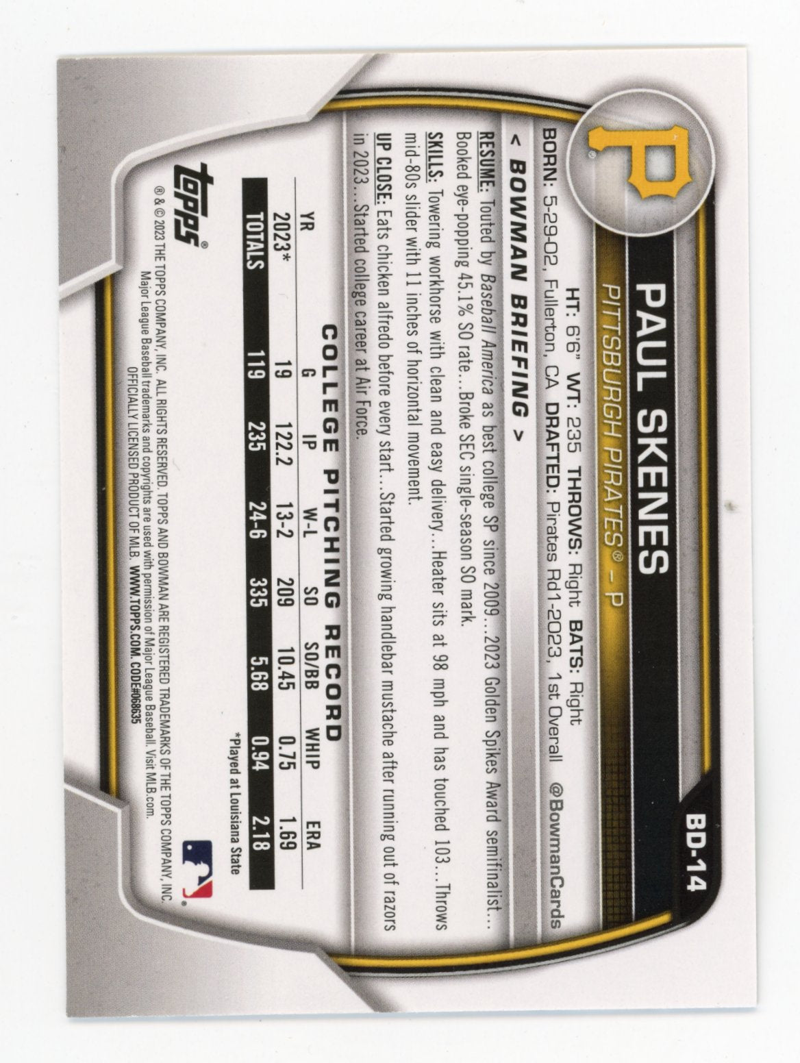 2023 Topps Bowman Paul Skenes Rookie #BD-14 - Pirates