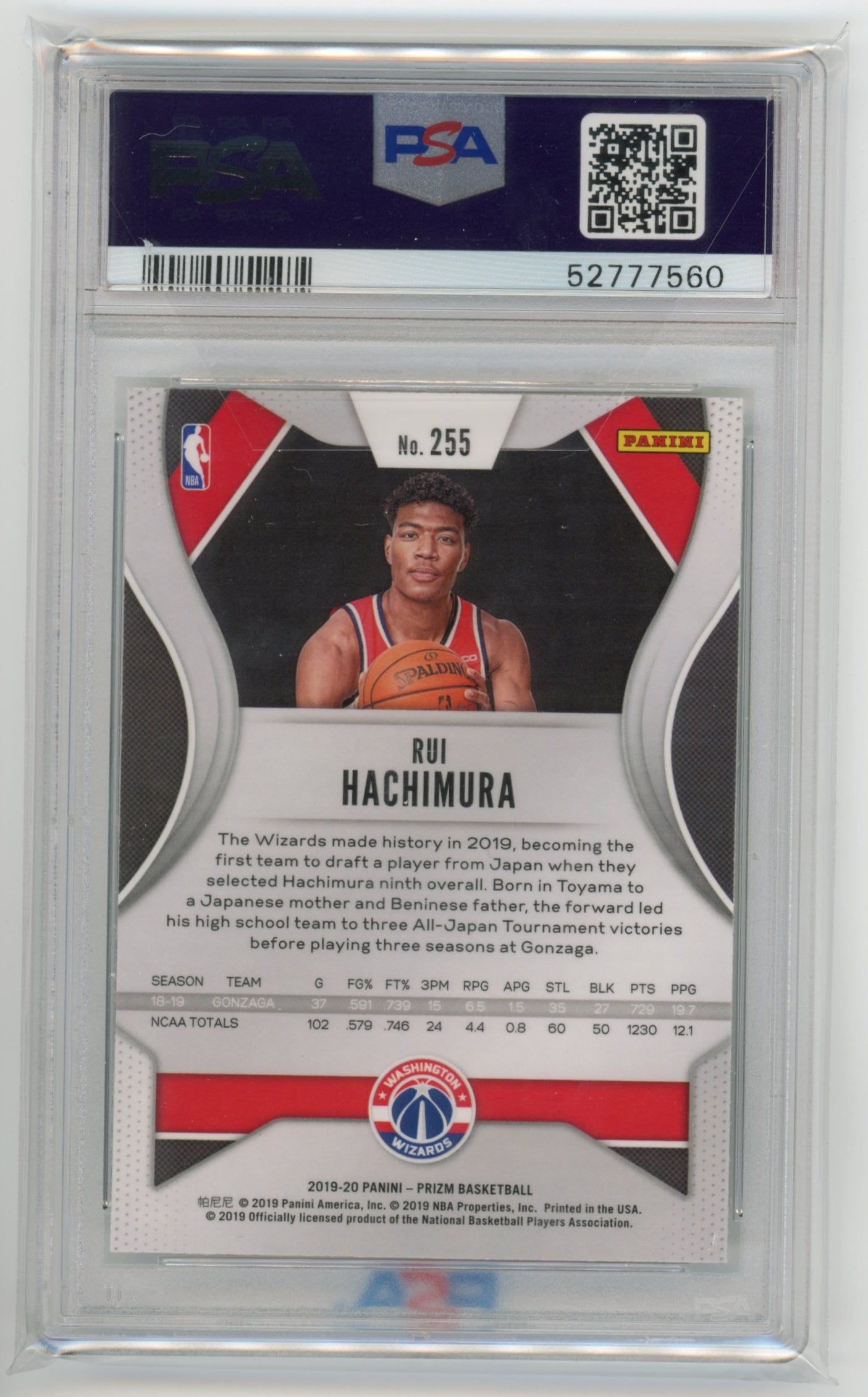 2019 Panini Prizm Rui Hachimura Rookie #255 - PSA 10 Wizards
