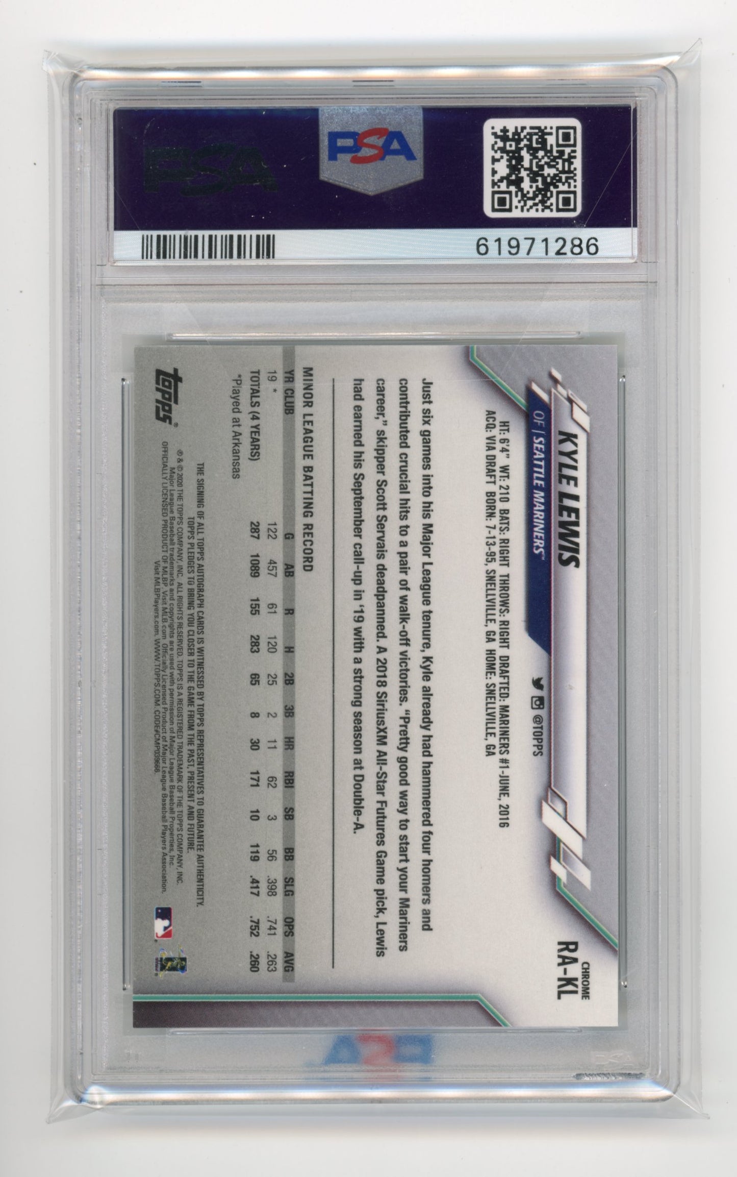 2020 Topps Chrome Kyle Lewis Rookie #RAKL - PSA 10 Autograph Mariners