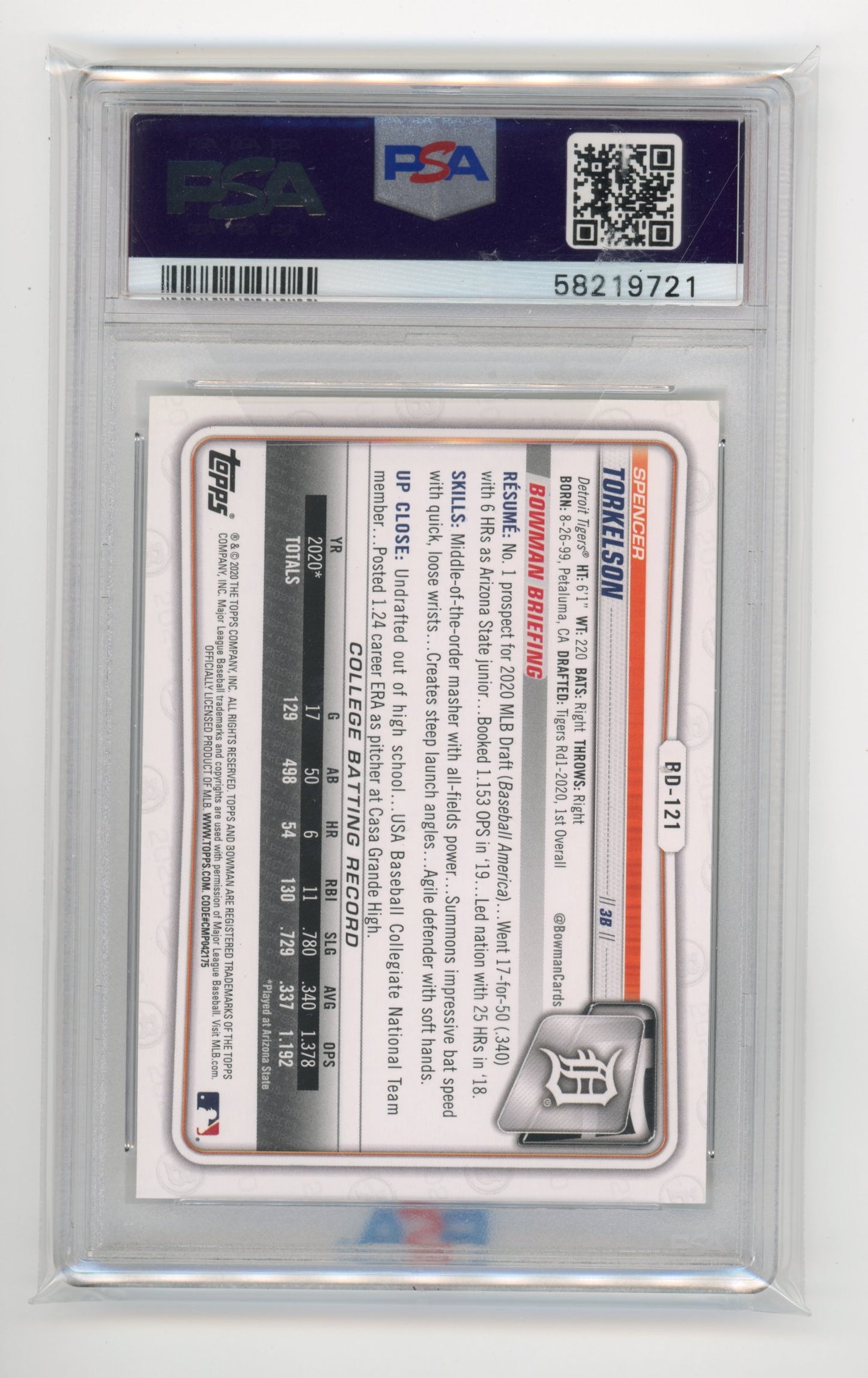 2020 Topps Bowman Draft Spencer Torkelson #BD121 - PSA 10 Tigers