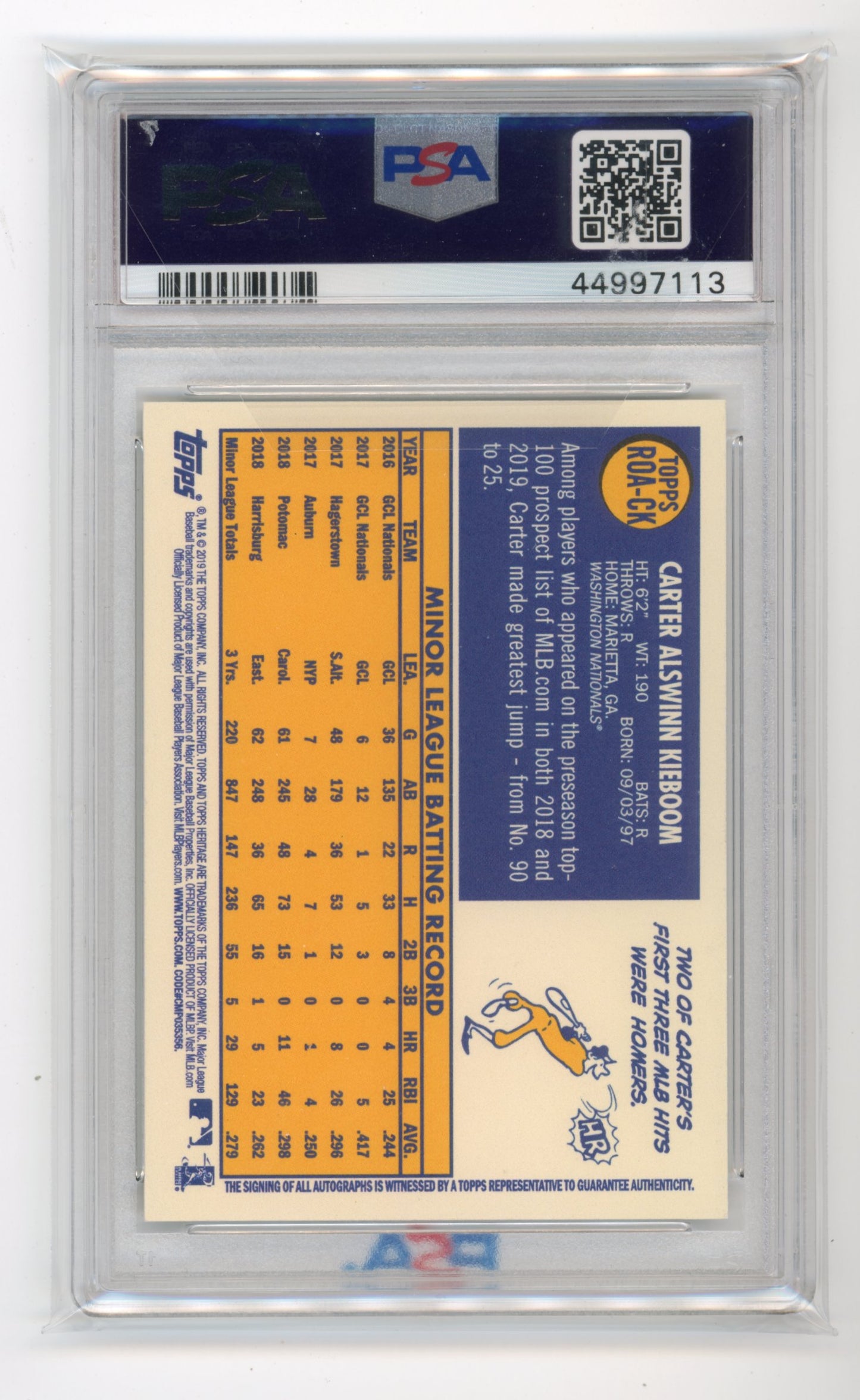 2019 Topps Heritage Carter Kieboom Rookie #CK - PSA 10 Autograph Nationals