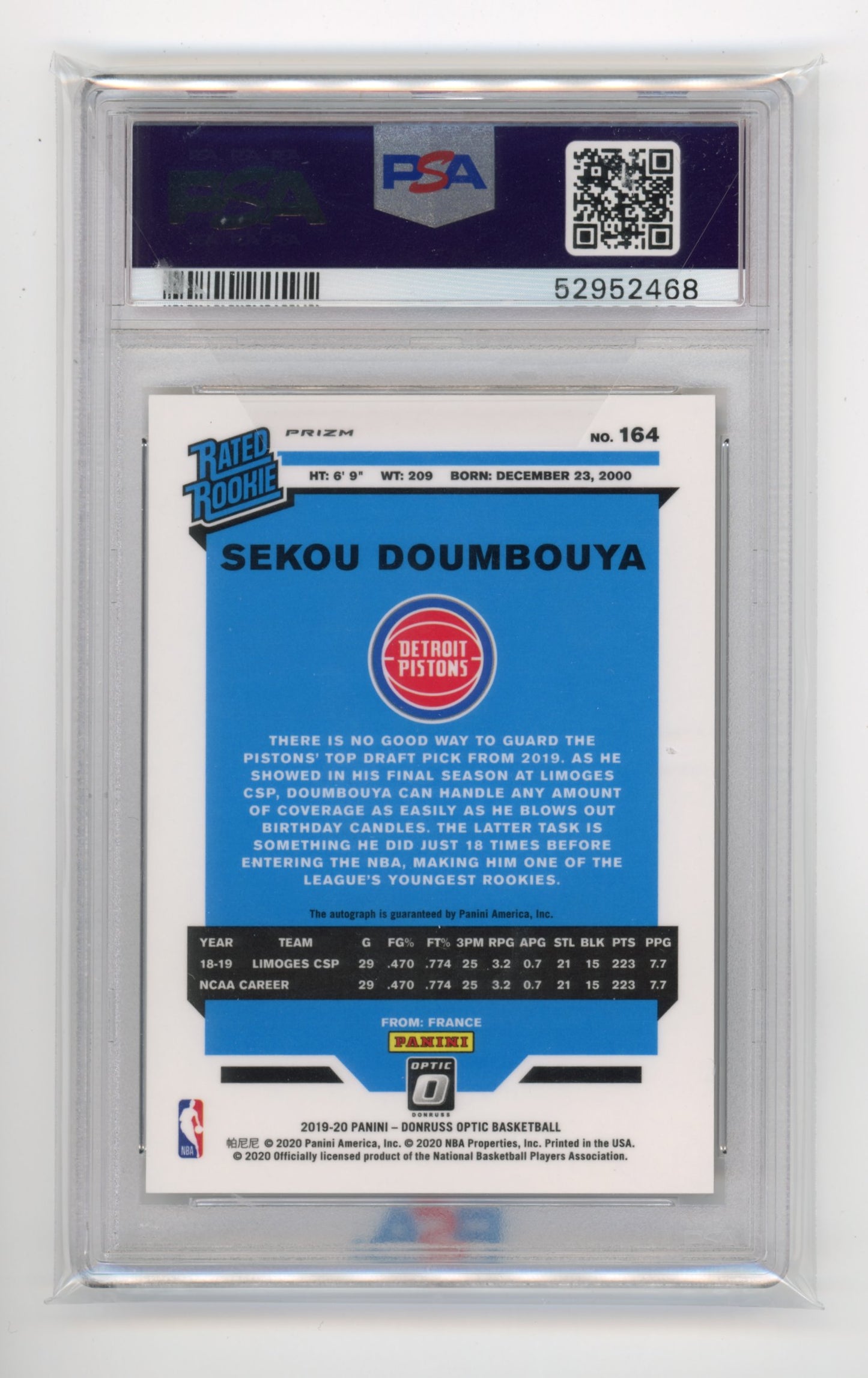 2019 Panini Optic Sekou Doumbouya Rated Rookie #164 - PSA 10 Autograph Pistons