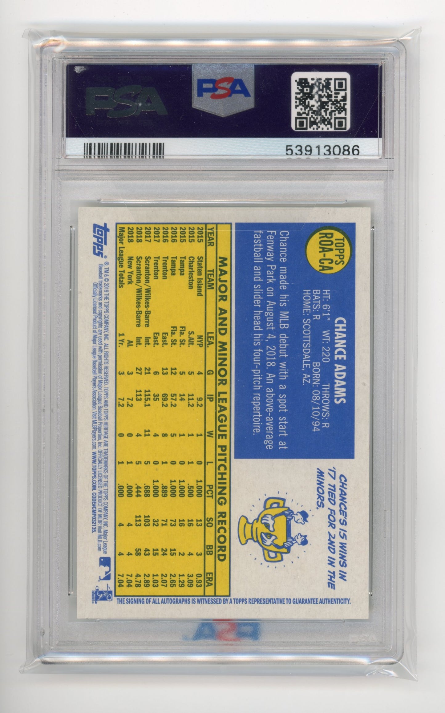 2019 Topps Heritage Chance Adams Rookie #CA - PSA 10 Autograph Yankees