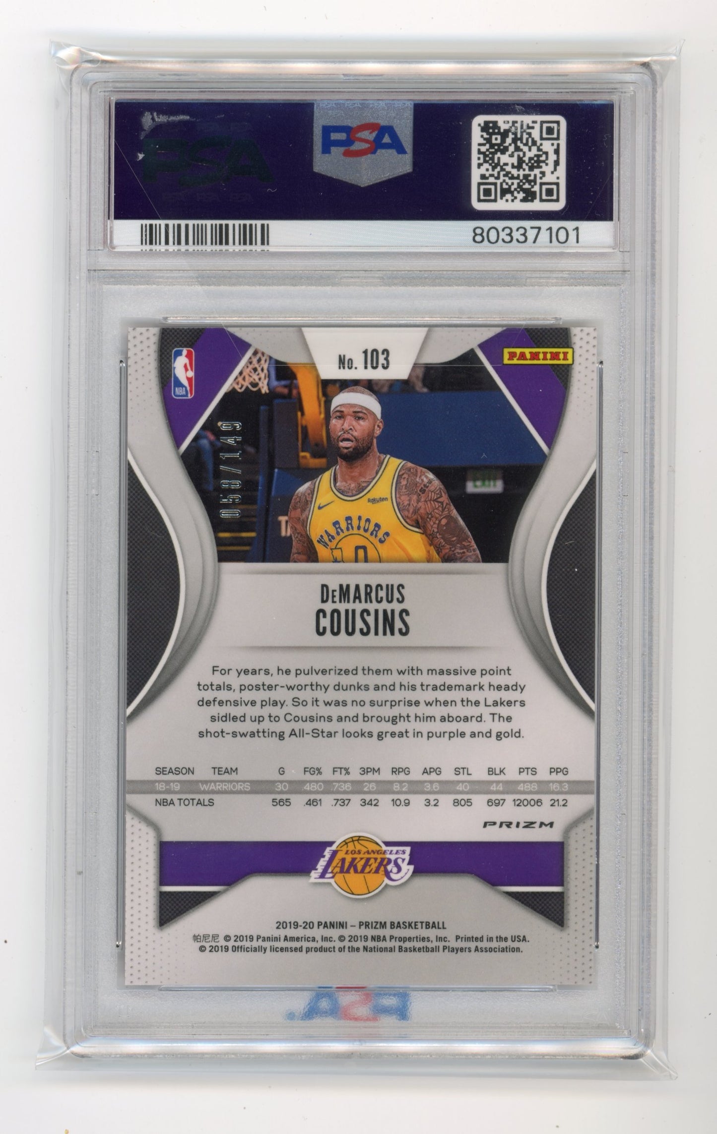 2019 Panini Prizm DeMarcus Cousins #103 - PSA 10 #/149 Purple Ice Warriors