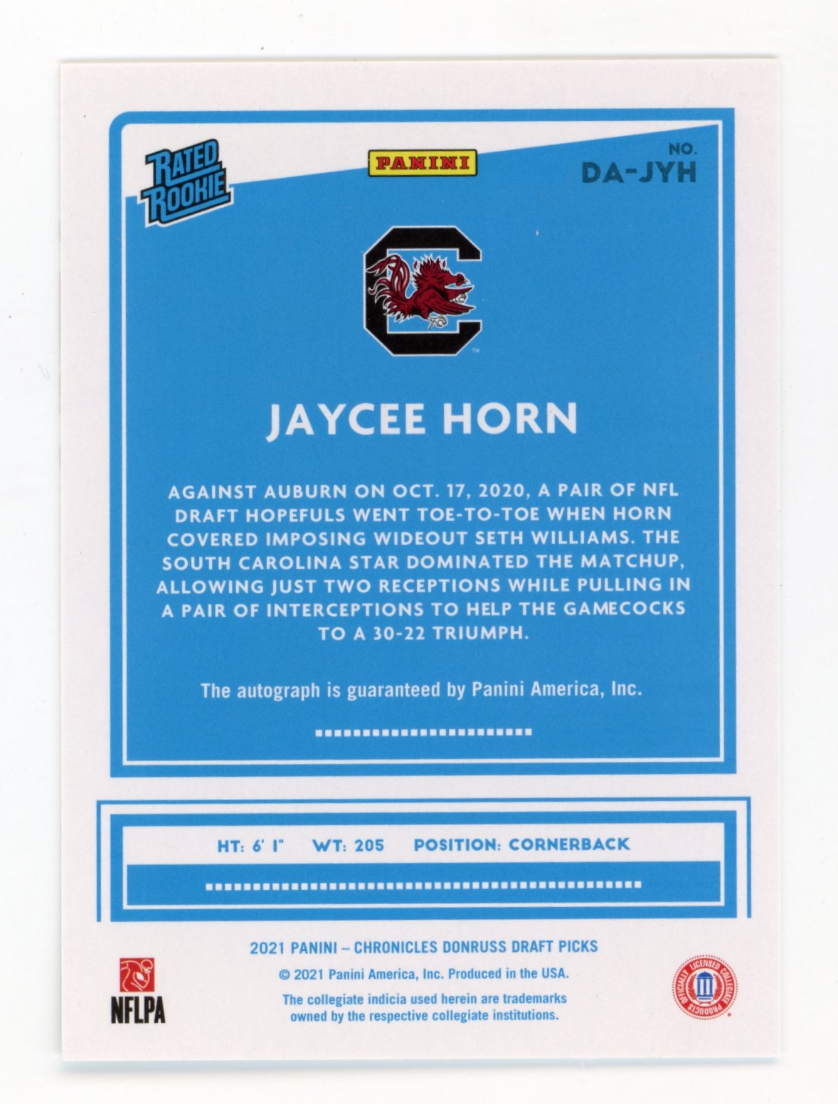 2021 Panini Donruss Jaycee Horn #DA-JYH - Rated Rookie Auto Gamecocks