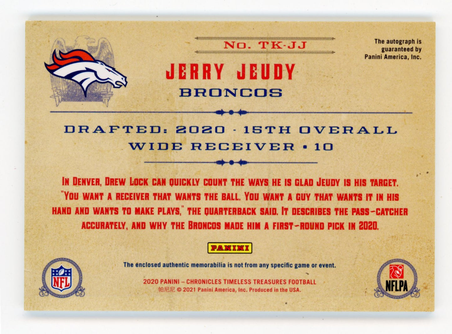 2020 Panini Timeless Treasures Jerry Jeudy #TK-JJ - RC Patch Auto /99 Broncos