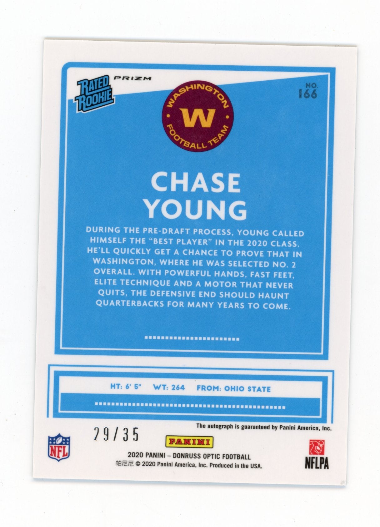 2020 Panini Donruss Optic Chase Young #166 - Rated Rookie /35 Auto Washington
