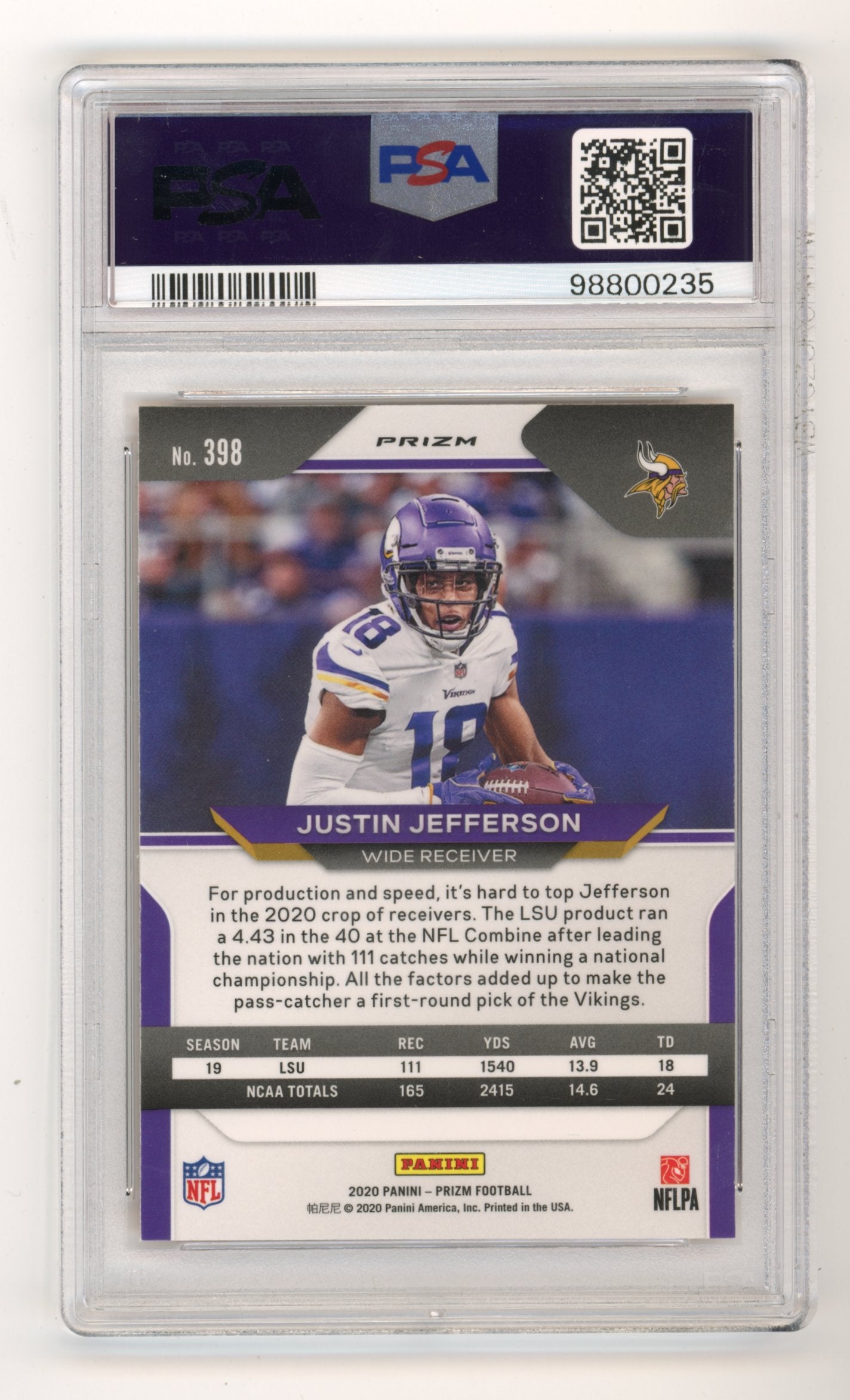 2020 Panini Prizm Justin Jefferson #398 - RC Lazer Prizm PSA 9 Vikings