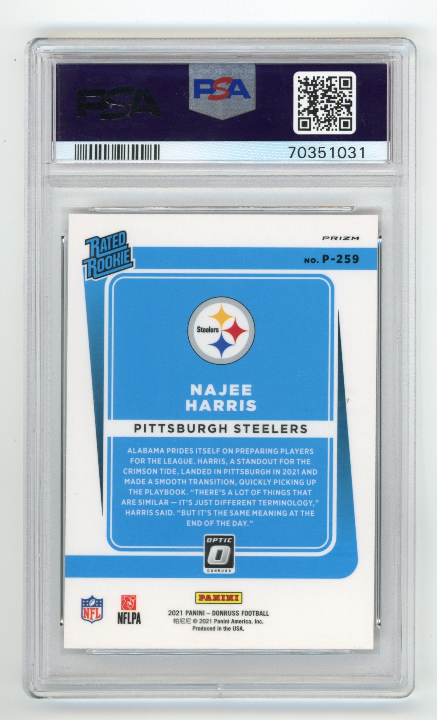 2021 Panini Donruss Najee Harris #P259 - Rated Rookie Optic Preview Red/Green PSA 10 Steelers