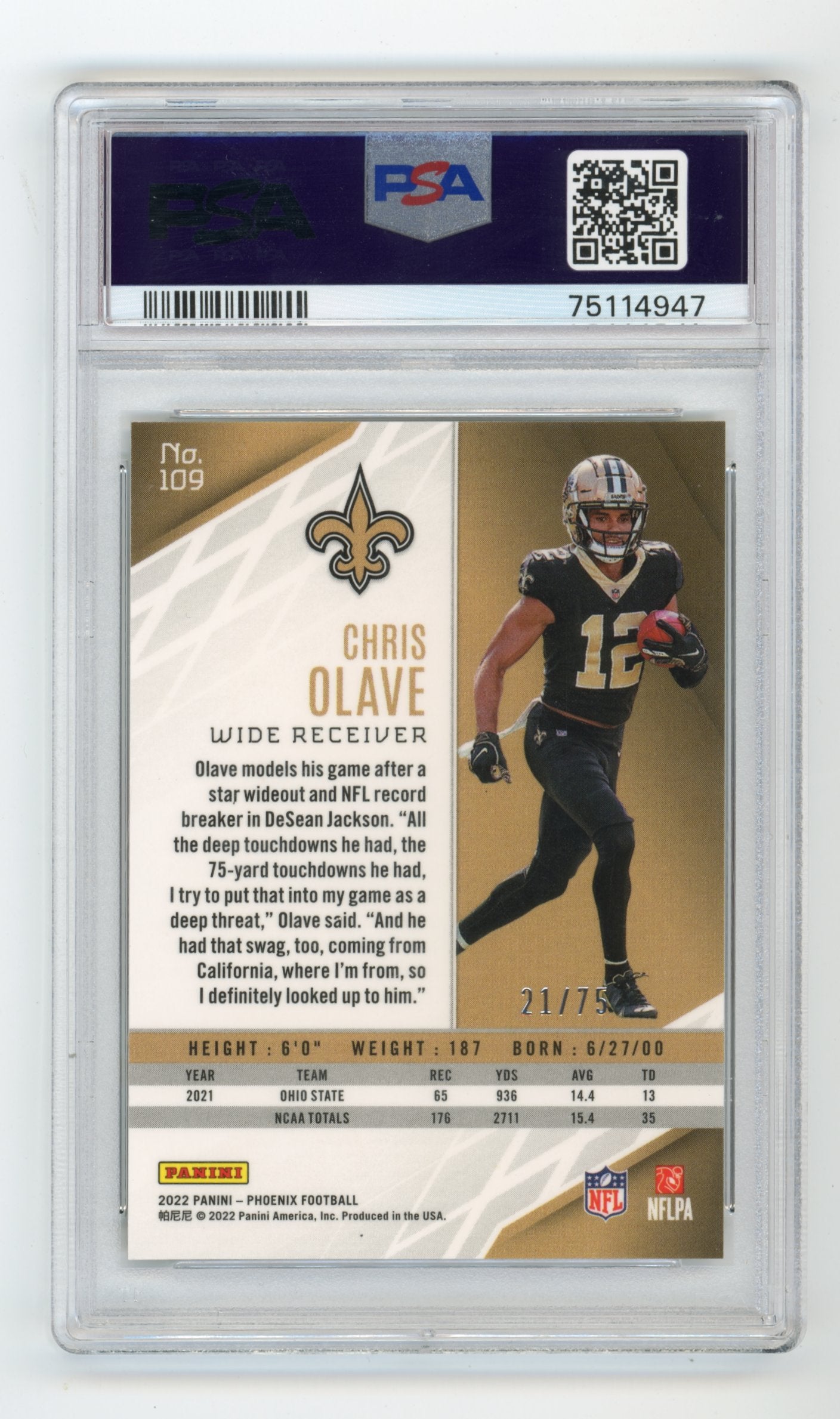 2022 Panini Phoenix Chris Olave #109 - RC Orange Lazer PSA 10 Saints
