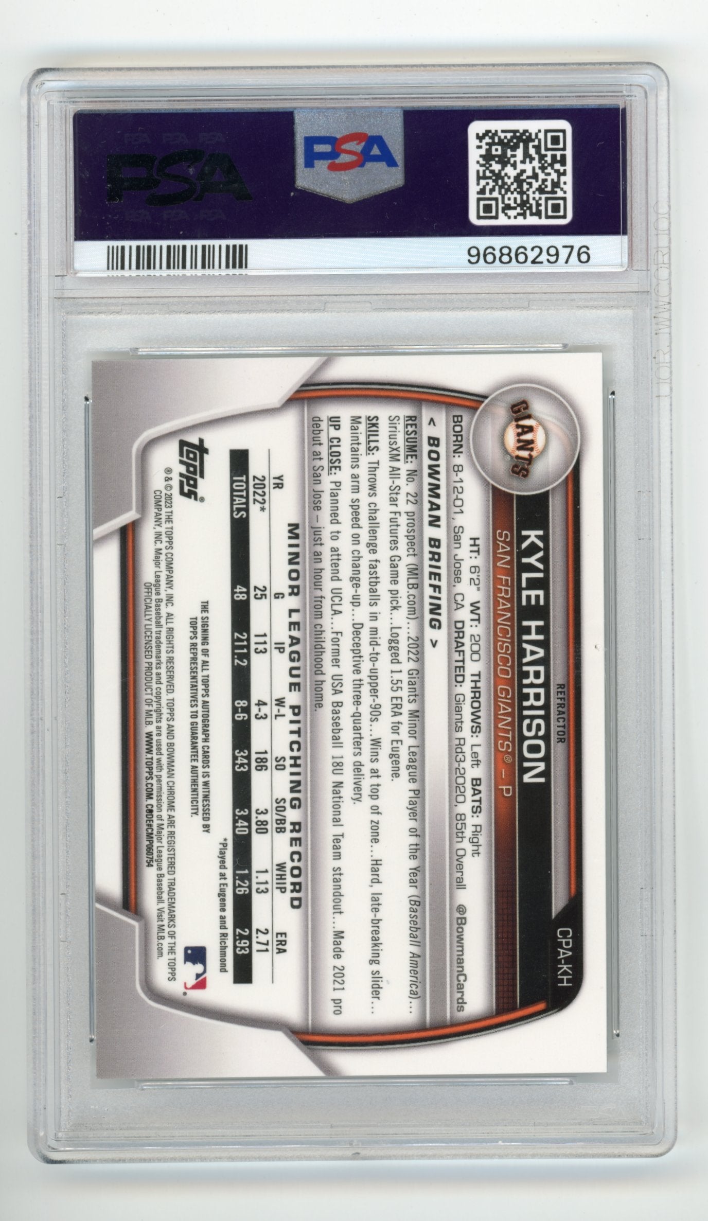 2023 Bowman Chrome Kyle Harrison #CPAKH - CHR Pros Auto Refractor /499 PSA 9 Giants