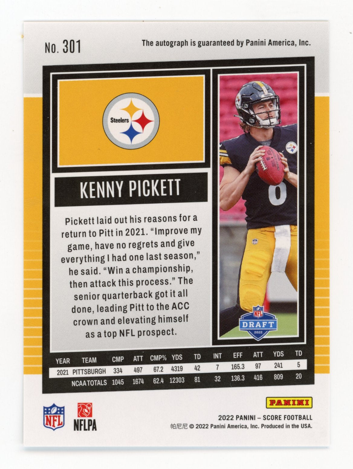 2022 Panini Score Kenny Pickett RC #301 - Auto Steelers