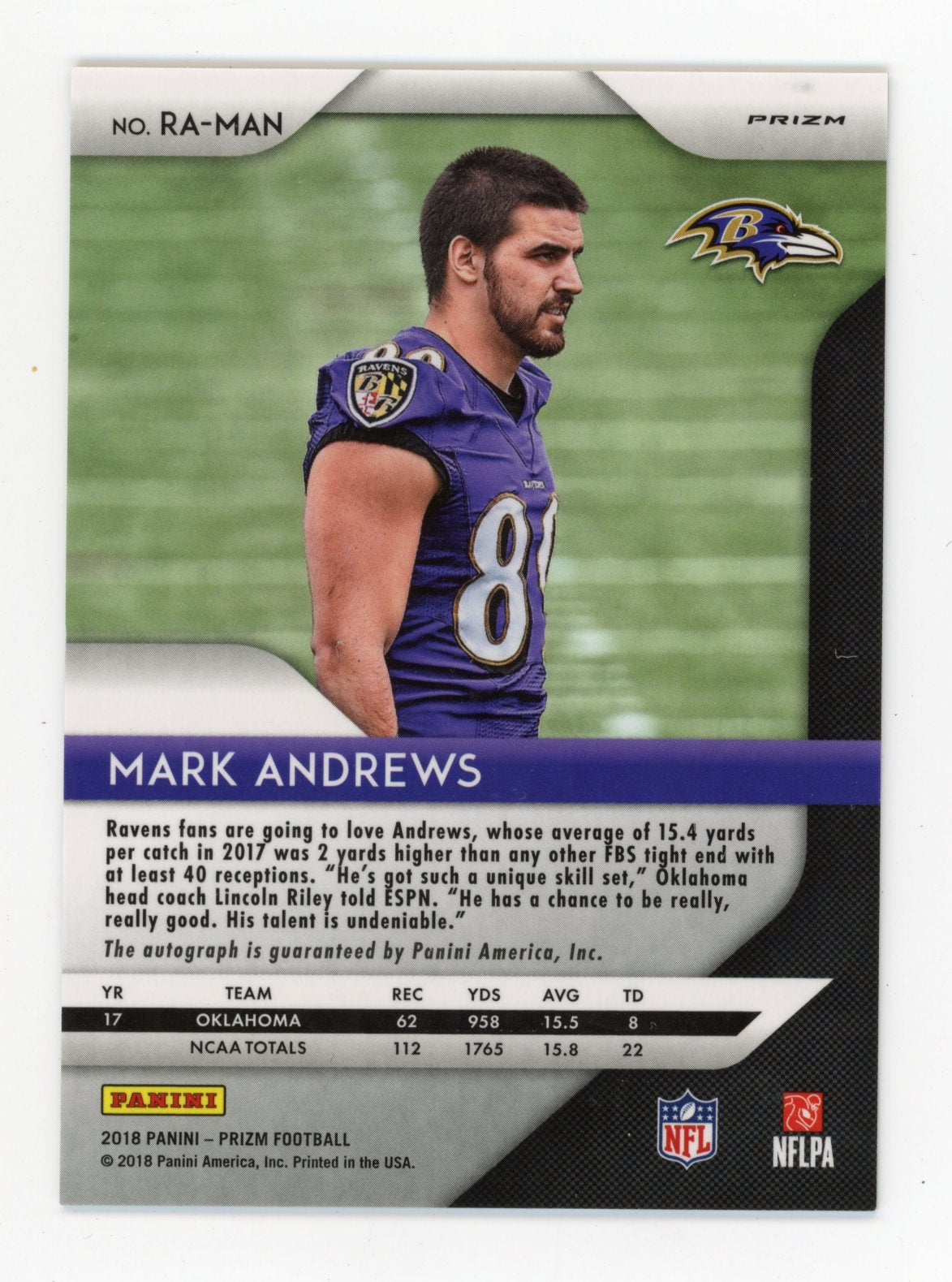 2018 Panini Prizm Mark Andrews #RA-MAN - Prizm Auto Ravens