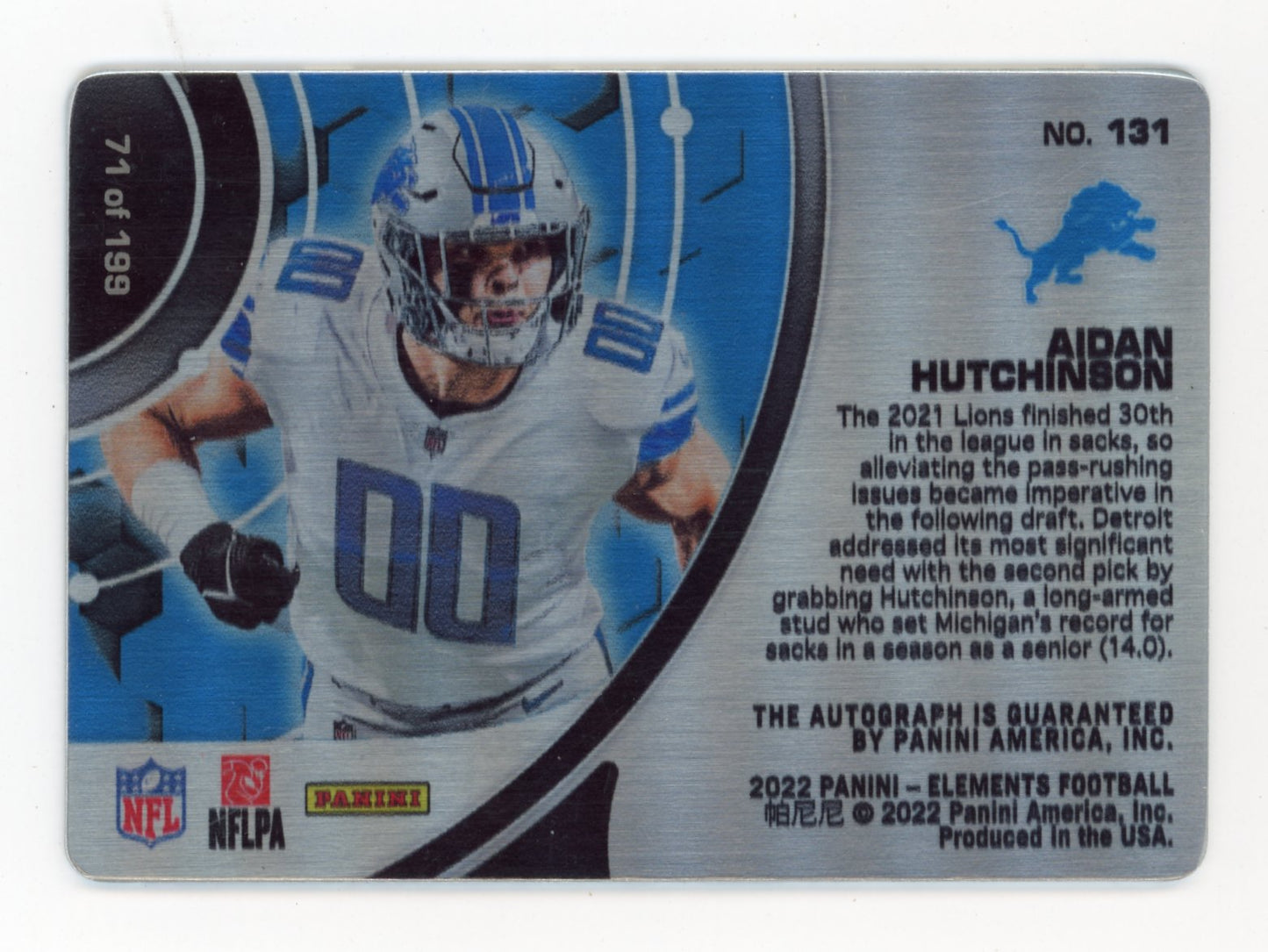 2022 Panini Elements Rookie Steel Signatures Aidan Hutcherson RC #131 - #/199 Auto Lions