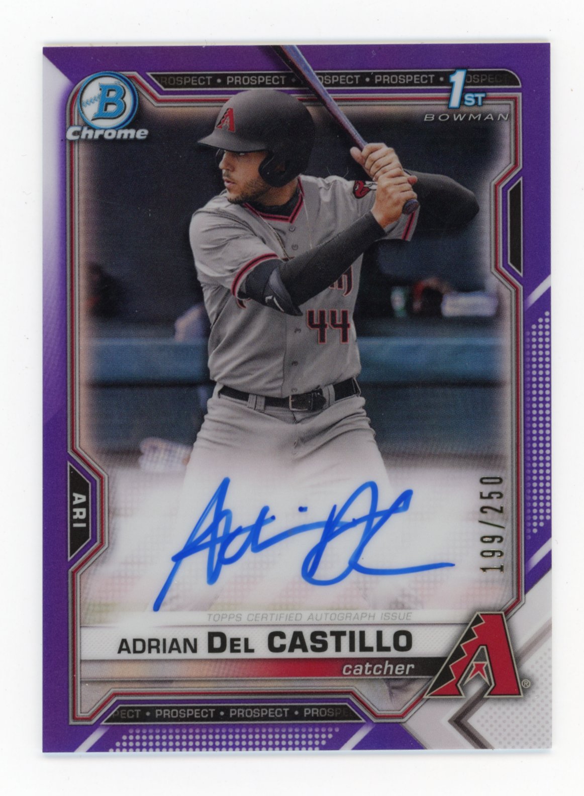 2021 Bowman Chrome Adrian Del Castillo 1st Bowman #CDA-AD - #/250 Purple Autograph Diamondbacks