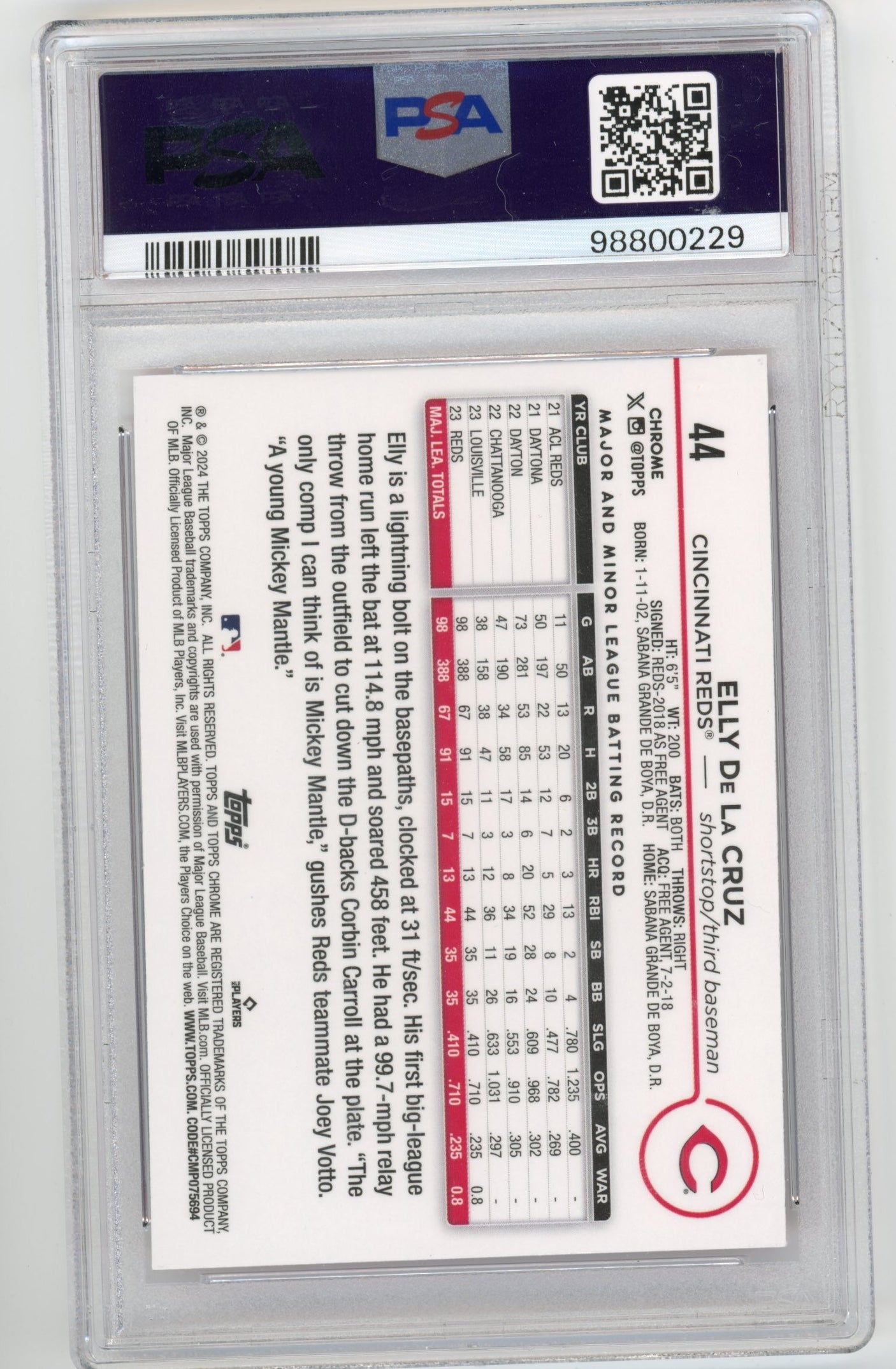 2024 Topps Chrome Elly De La Cruz RC #44 - PSA 9 Pink Prizm Reds
