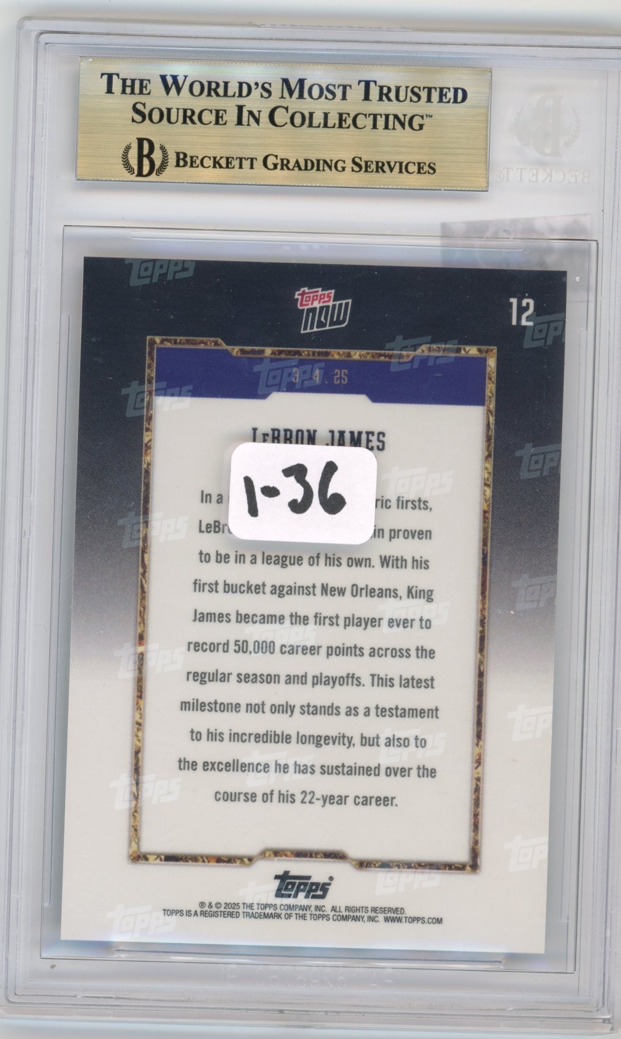 2024/25 Topps Now 50K Career Points Lebron James #12 - Beckett 9.5 Lakers