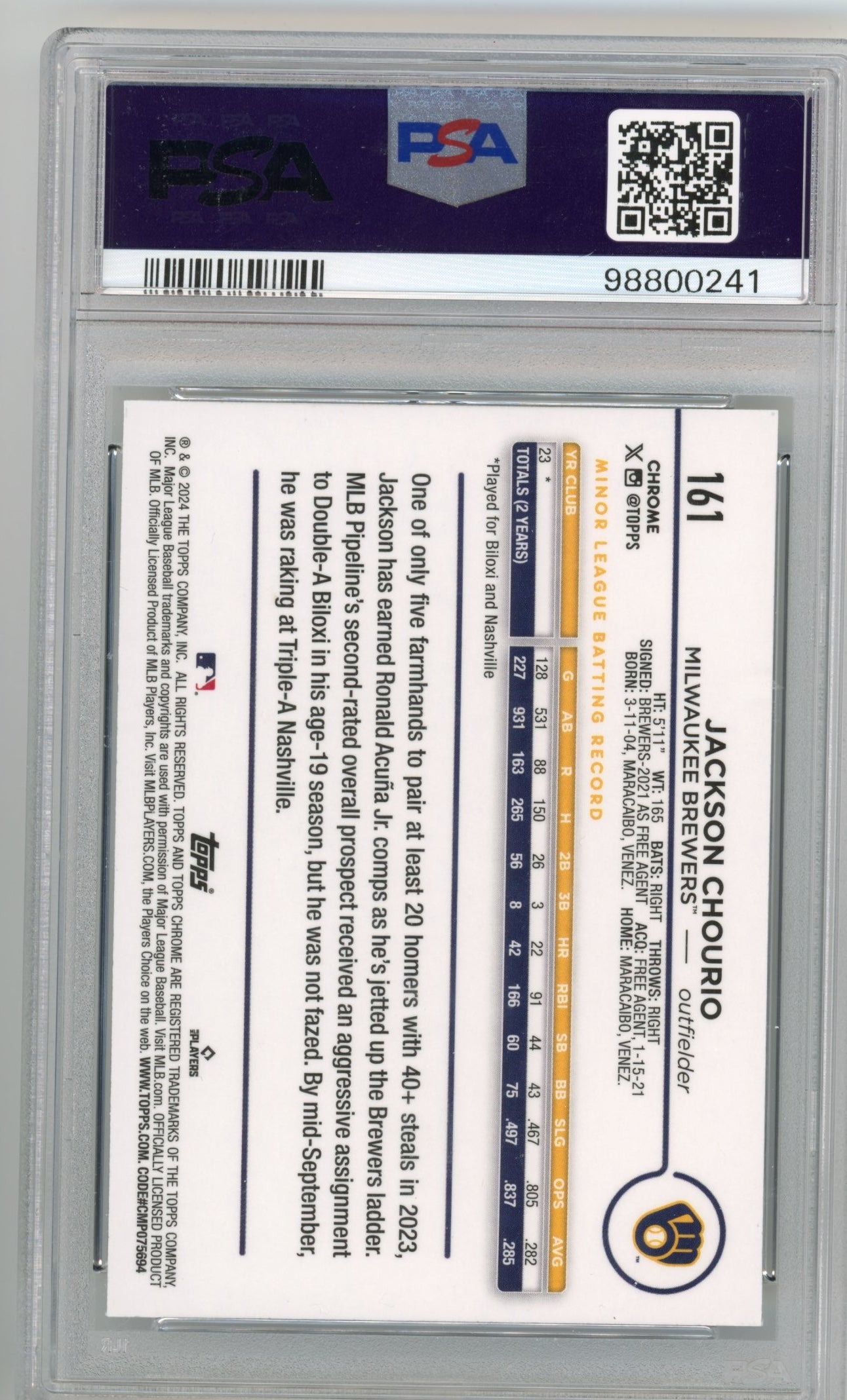2024 Topps Chrome Jackson Chourio RC #161 - PSA 8 Raywave Brewers