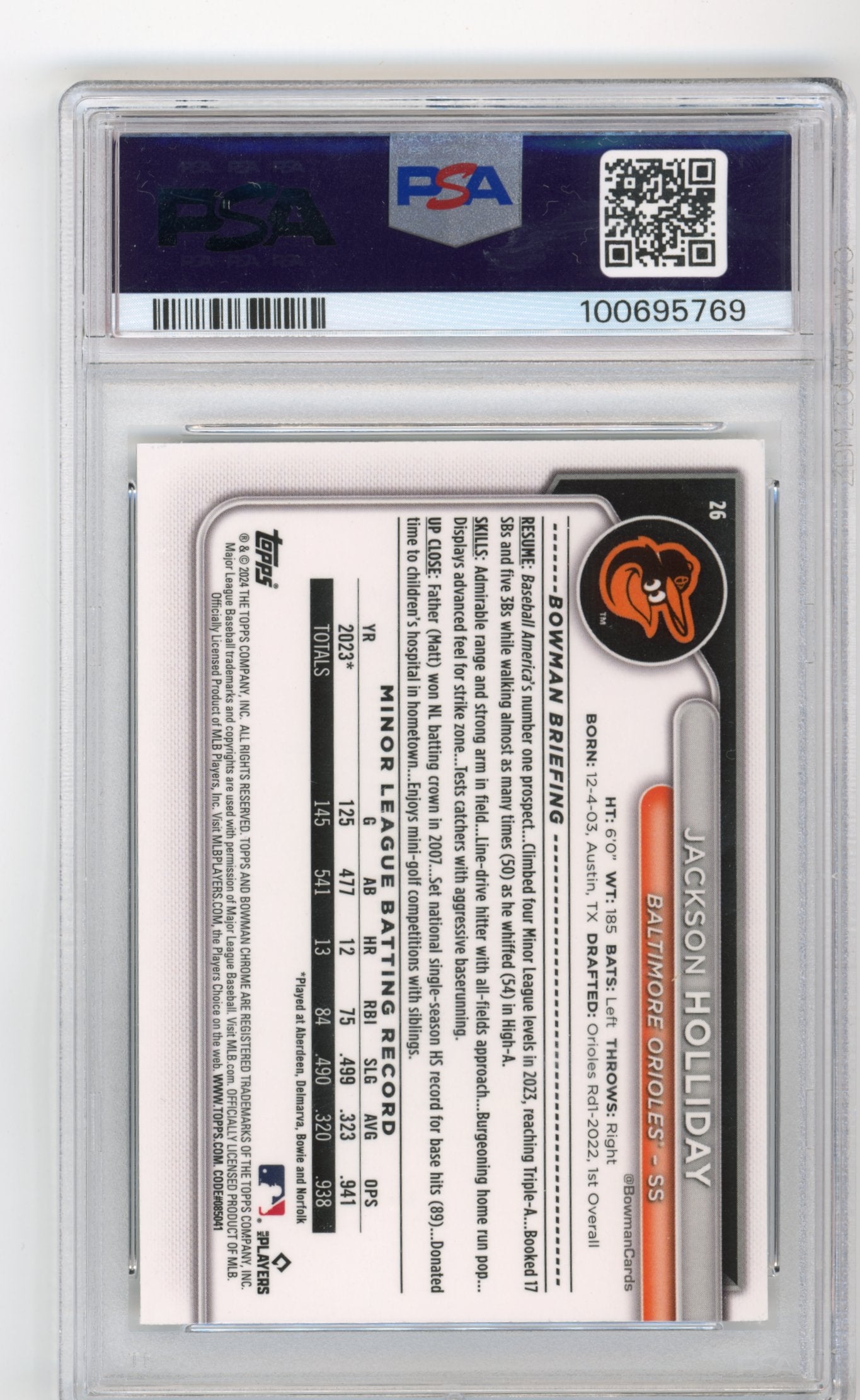 2024 Bowman Chrome Jackson Holiday RC #26 - PSA 8 #/100 Wave Refractor Orioles