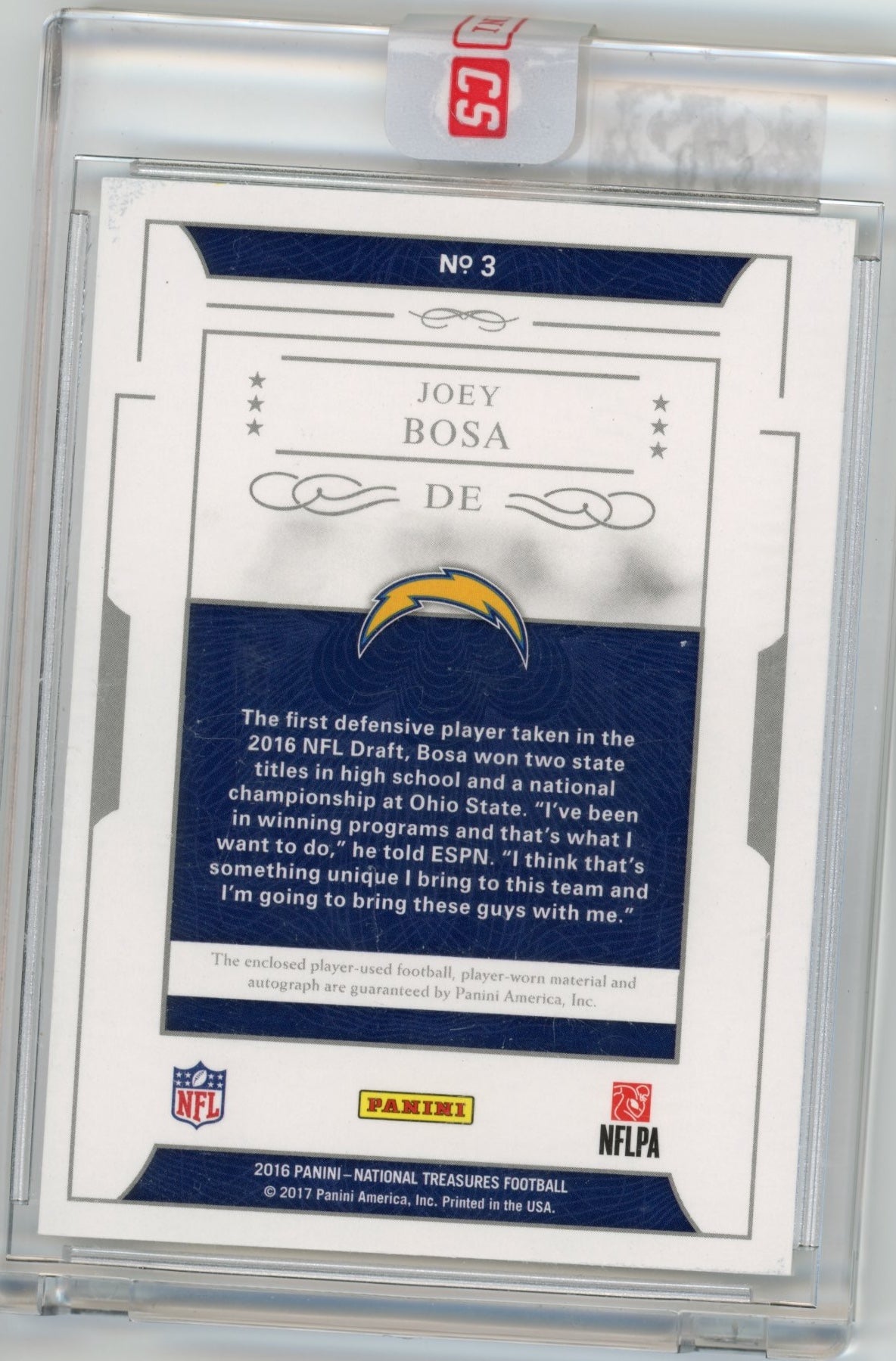 2016 Panini National Treasures Joey Bosa Rookie #3 - #/49 Dual Patch Autograph Chargers