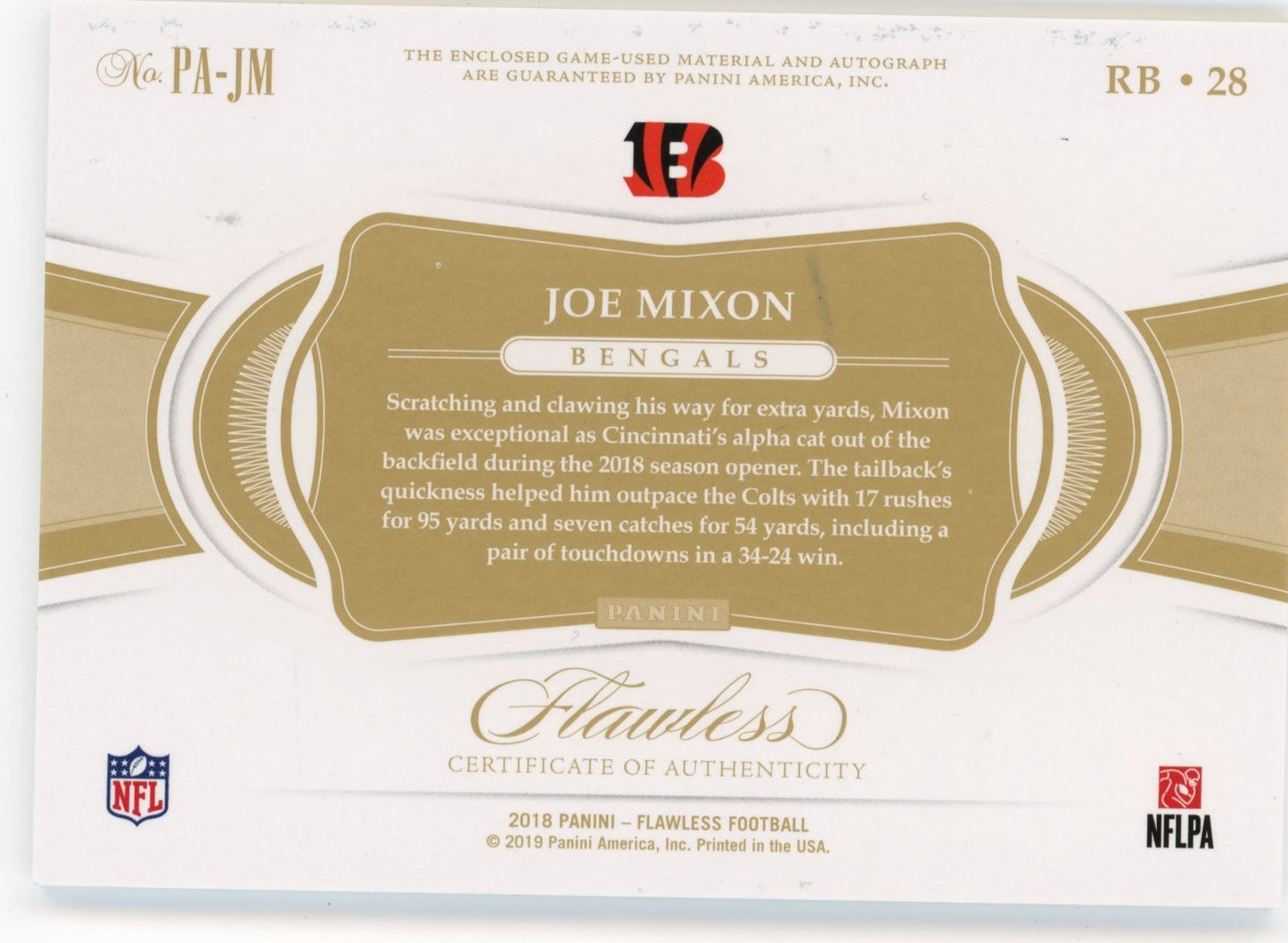 2018 Panini Flawless Joe Mixon #PA-JM - #/15 Patch Autograph Bengals