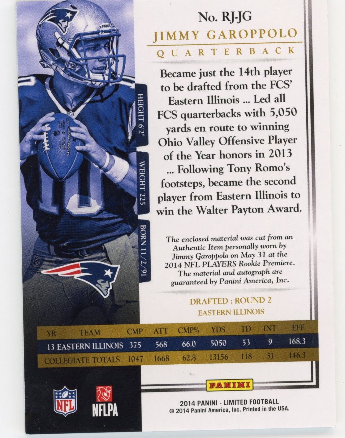 2014 Panini Limited Jimmy Garoppolo Rookie #RJ-JG - #/25 Patch Autograph Gold Patriots