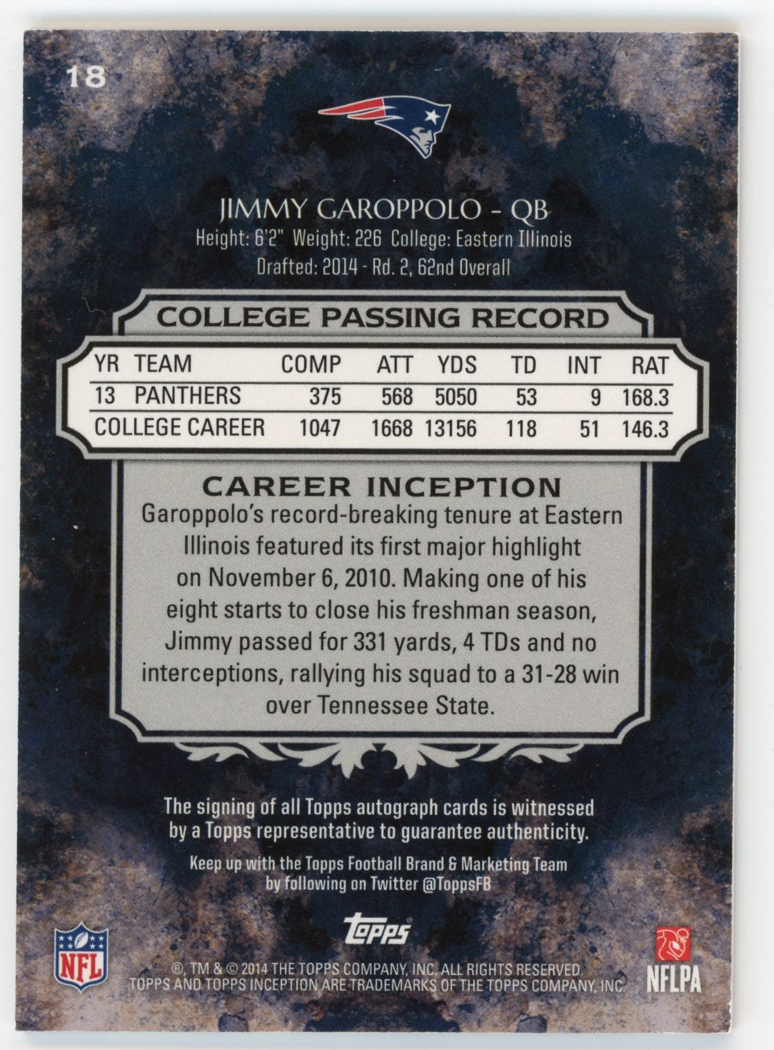 2014 Topps Inception Jimmy Garoppolo Rookie #18 - #/50Autograph Patriots