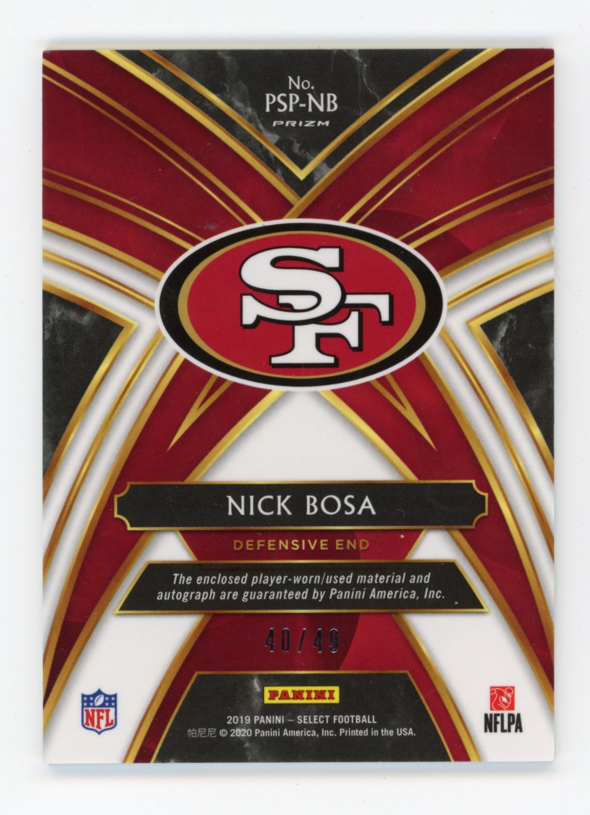 2019 Panini Select Nick Bosa Rookie #PSPS-NB - #/49 Patch Autograph 49ers