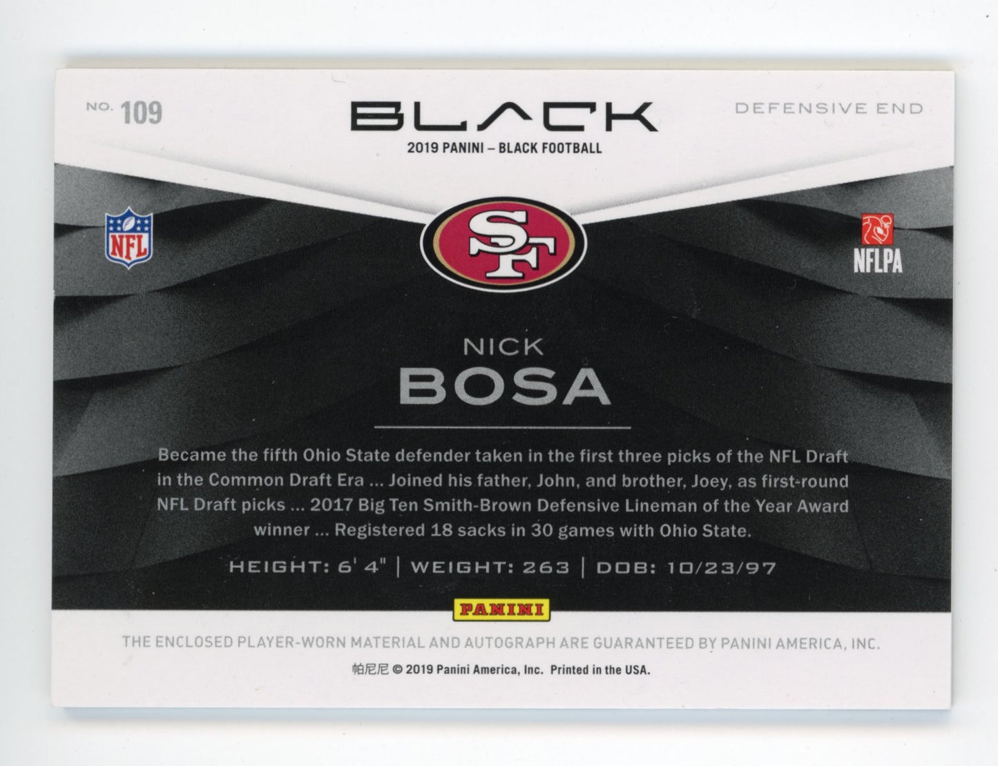 2019 Panini Black Nick Bosa Rookie #109 - #/75 Patch Autograph 49ers