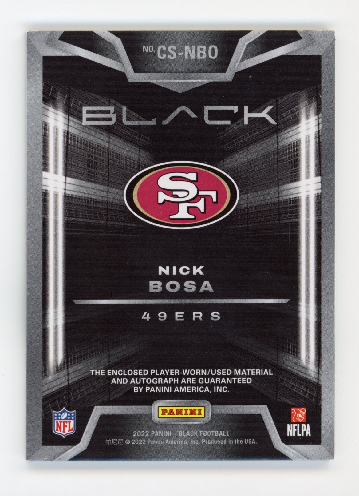 2022 Panini Black Nick Bosa Nick Bosa #CS-NBO - #/50 Quad Patch Autograph 49ers