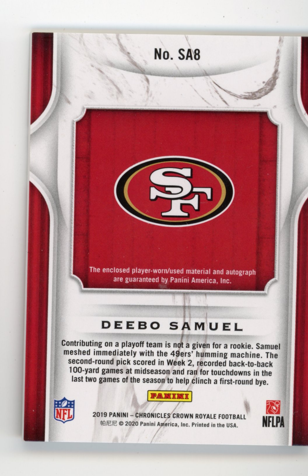 2019 Panini Chronicles Crown Royale Deebo Samuel Rookie #SA8 - #/99 Patch Autograph 49ers
