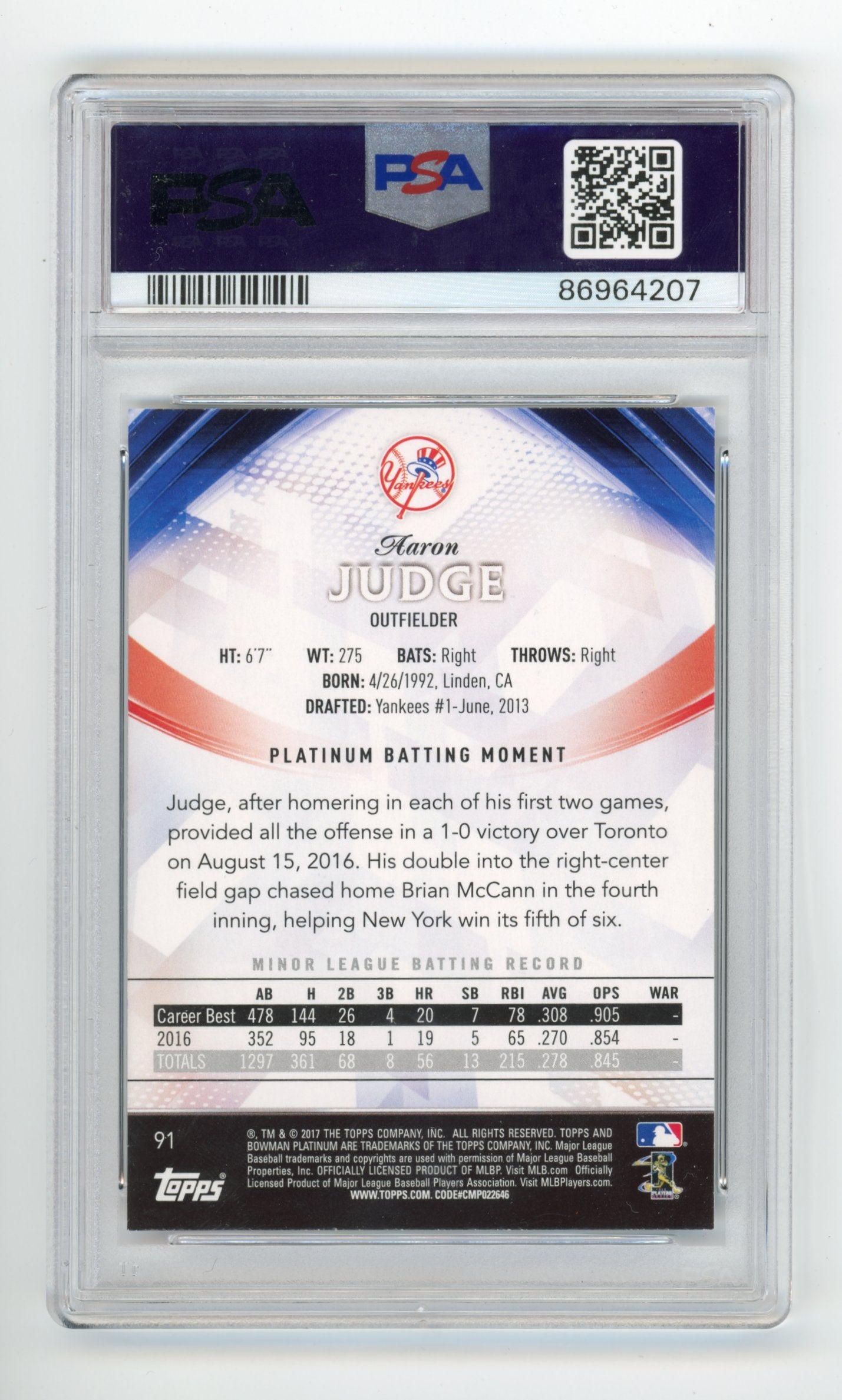 2017 Topps Bowman Platinum Aaron Judge Rookie #91 - PSA 9 Yankees