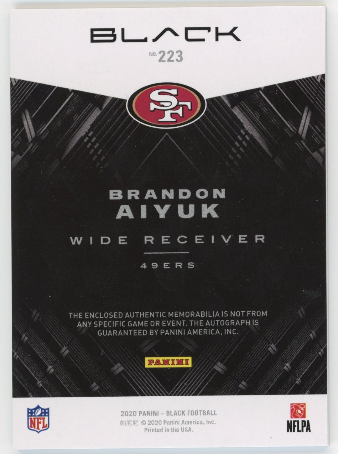2020 Panini Black Brandon Aiyuk Rookie #223 - #/25 Patch Autograph 49ers