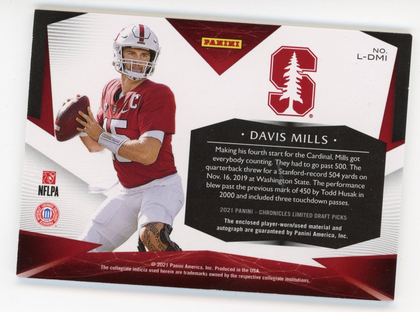2021 Panini Limited Davis Mills Rookie #L-DMI - #/99 Patch Autograph Cardinal