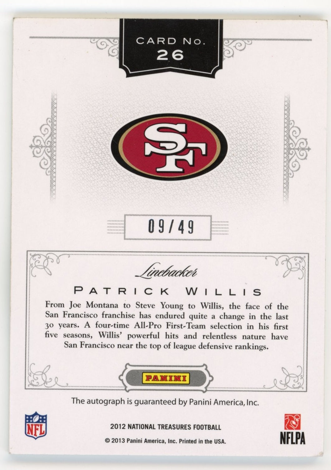 2012 Panini National Treasures Patrick Willis #26 - #/49 Autograph 49ers