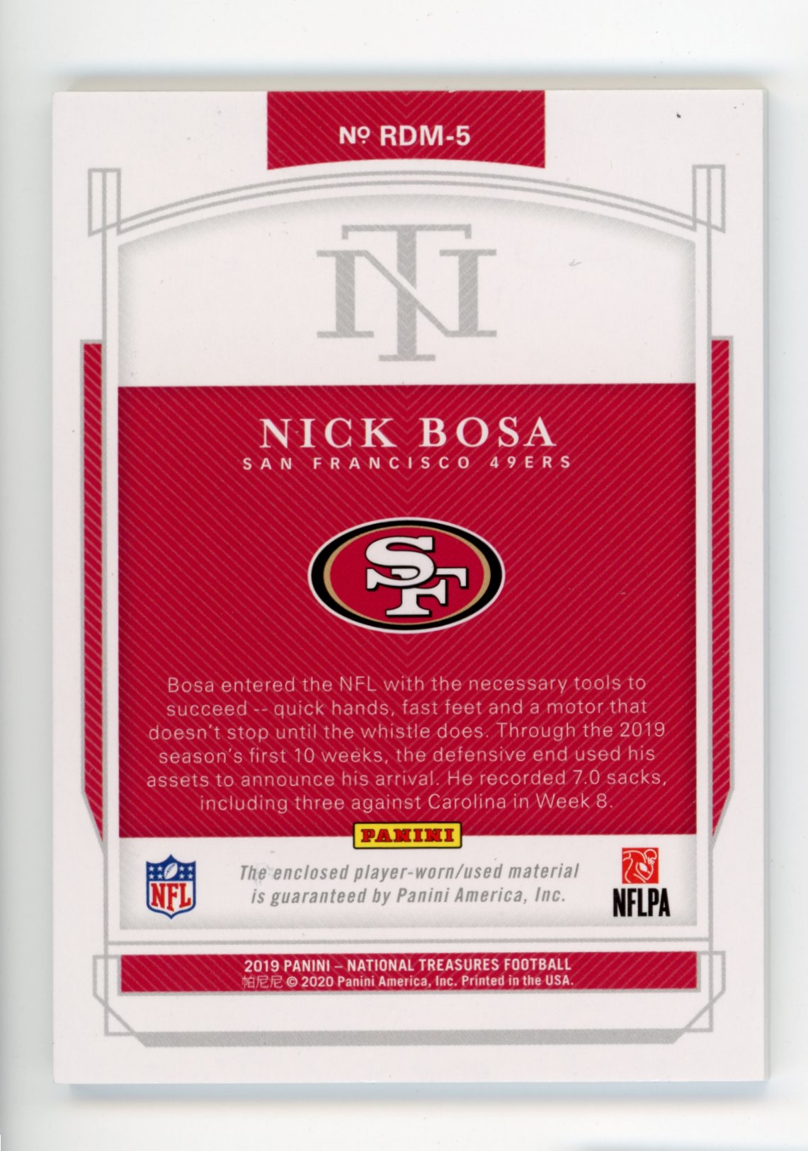 2019 Panini National Treasures Nick Bosa #RDM-5 - #/97 Red Jersey Auto 49ers