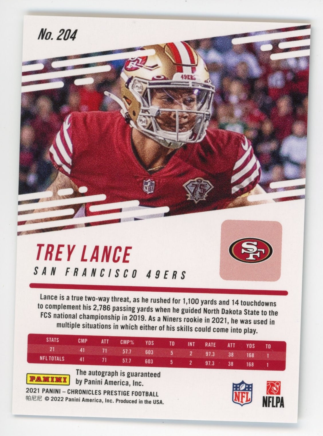 2021 Panini Chronicles Prestige Xtra Points Trey Lance RC #204 - Auto 49ers
