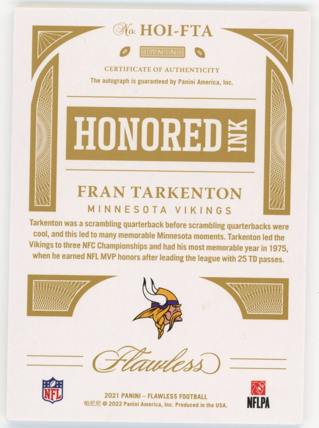 2021 Panini Flawless Honored Ink Fran Tarkenton #HOI-FTA - #/10 Red Auto Vikings