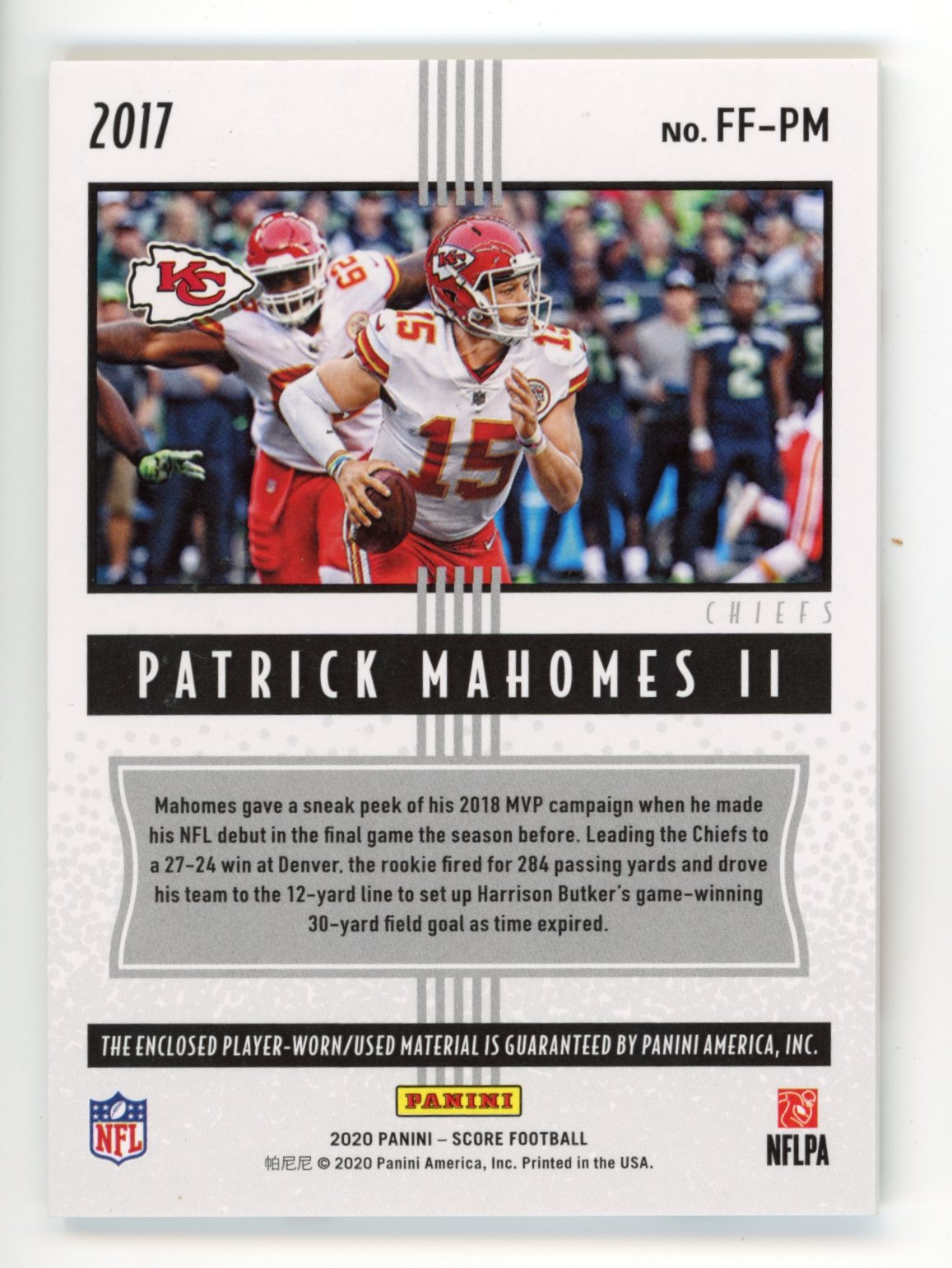 2020 Panini Score Freshman Flashbacks Patrick Mahomes II #FF-PM - Jersey Chiefs